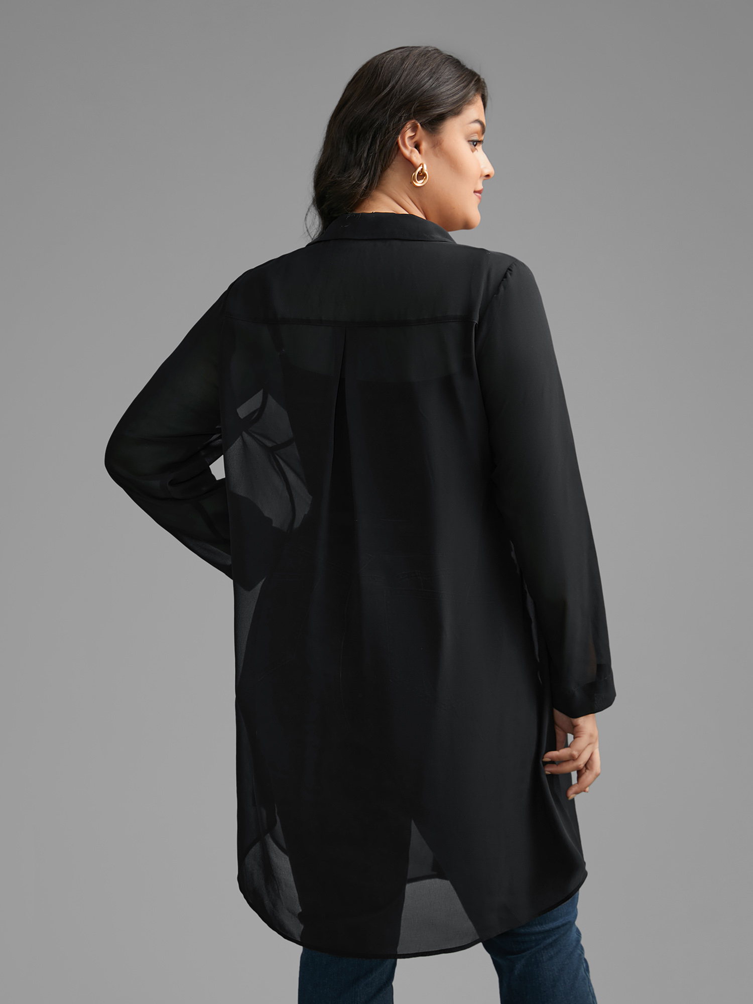 Plus Size Black Chiffon Mesh Pleated Tunic Blouse Women Elegant Long Sleeve Shirt collar Everyday Blouses BloomChic 14-16/1X 