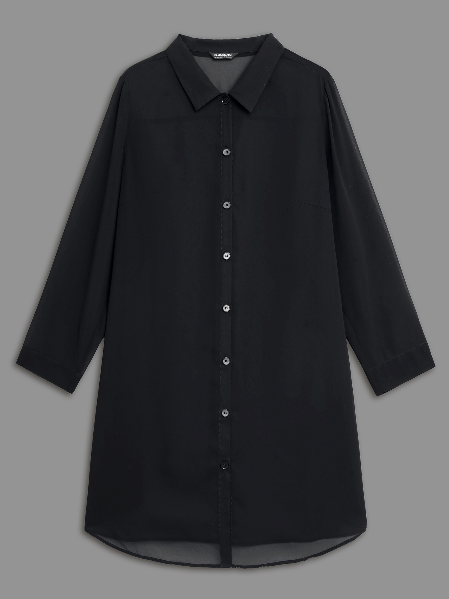 Plus Size Black Chiffon Mesh Pleated Tunic Blouse Women Elegant Long Sleeve Shirt collar Everyday Blouses BloomChic 14-16/1X 