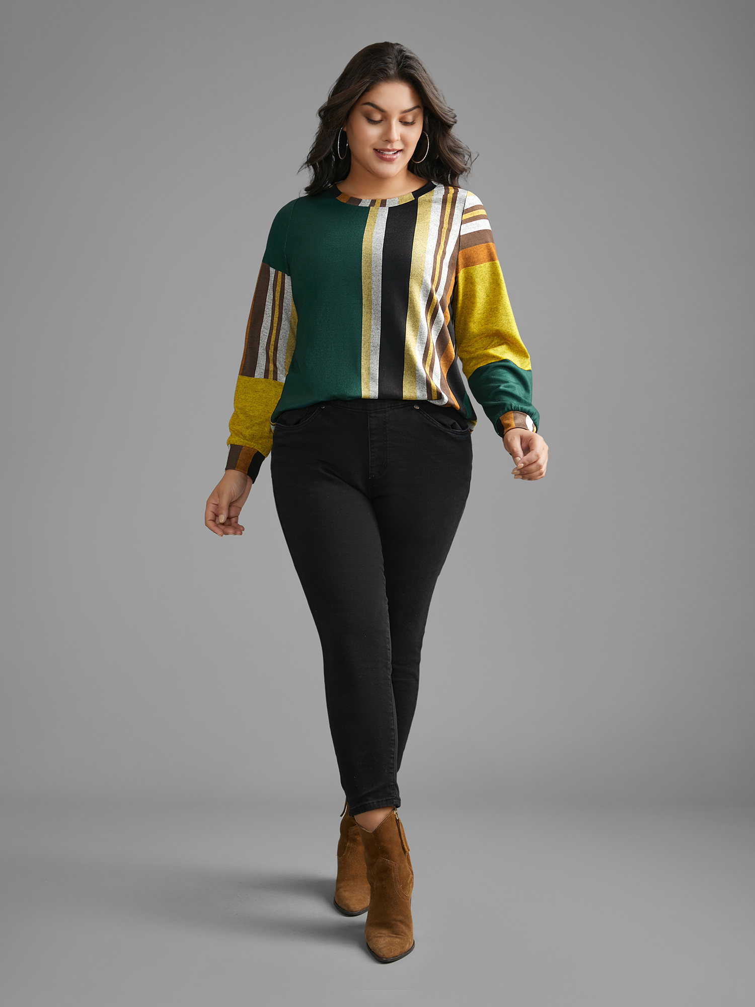 Plus Size Colored Striped Crew Neck T-shirt Multicolor Women Casual Contrast Round Neck Loose Everyday T-shirts BloomChic 10/M 