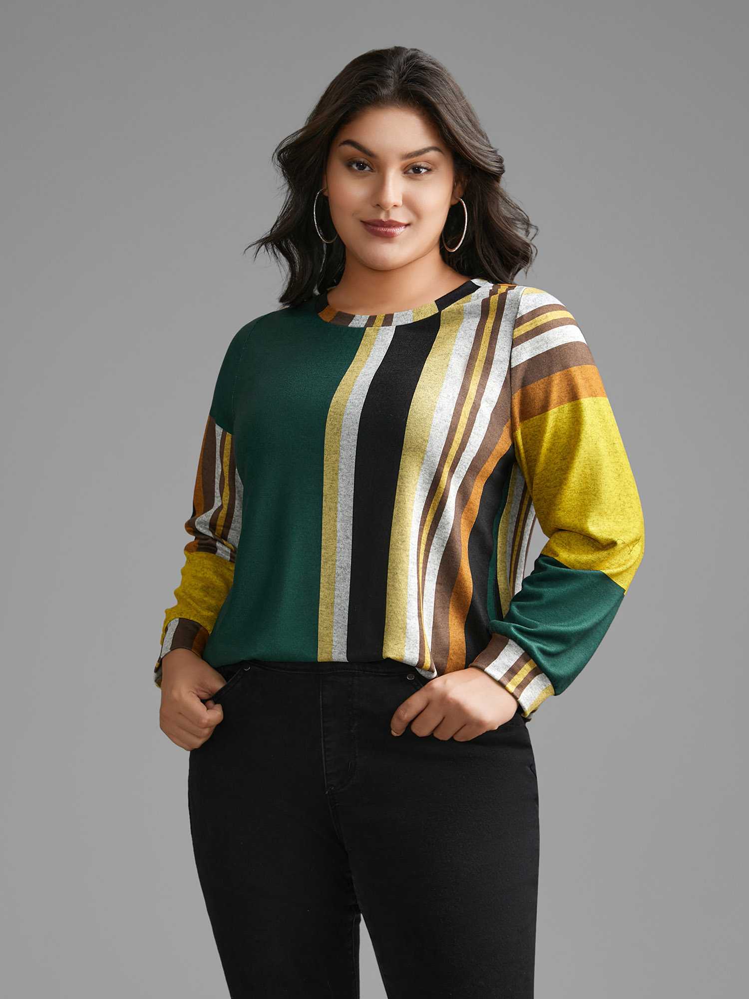 Plus Size Colored Striped Crew Neck T-shirt Multicolor Women Casual Contrast Round Neck Loose Everyday T-shirts BloomChic 10/M 