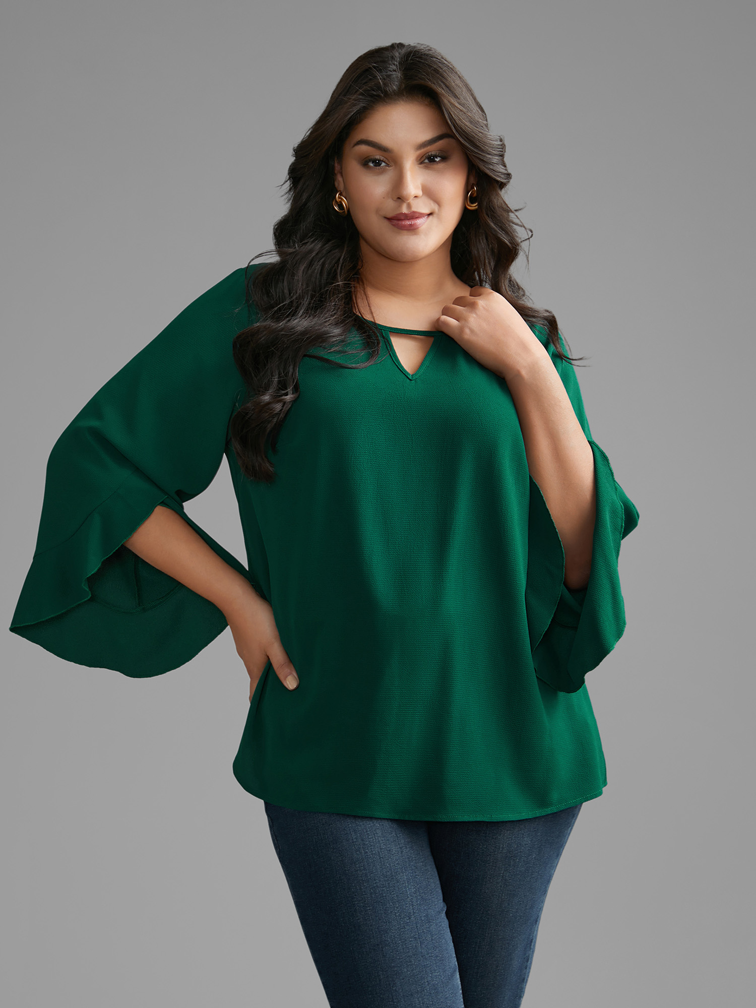 

Plus Size Emerald Solid Keyhole Ruffle Sleeve Blouse Women Elegant Extra Long Sleeve Round Neck Everyday Blouses BloomChic