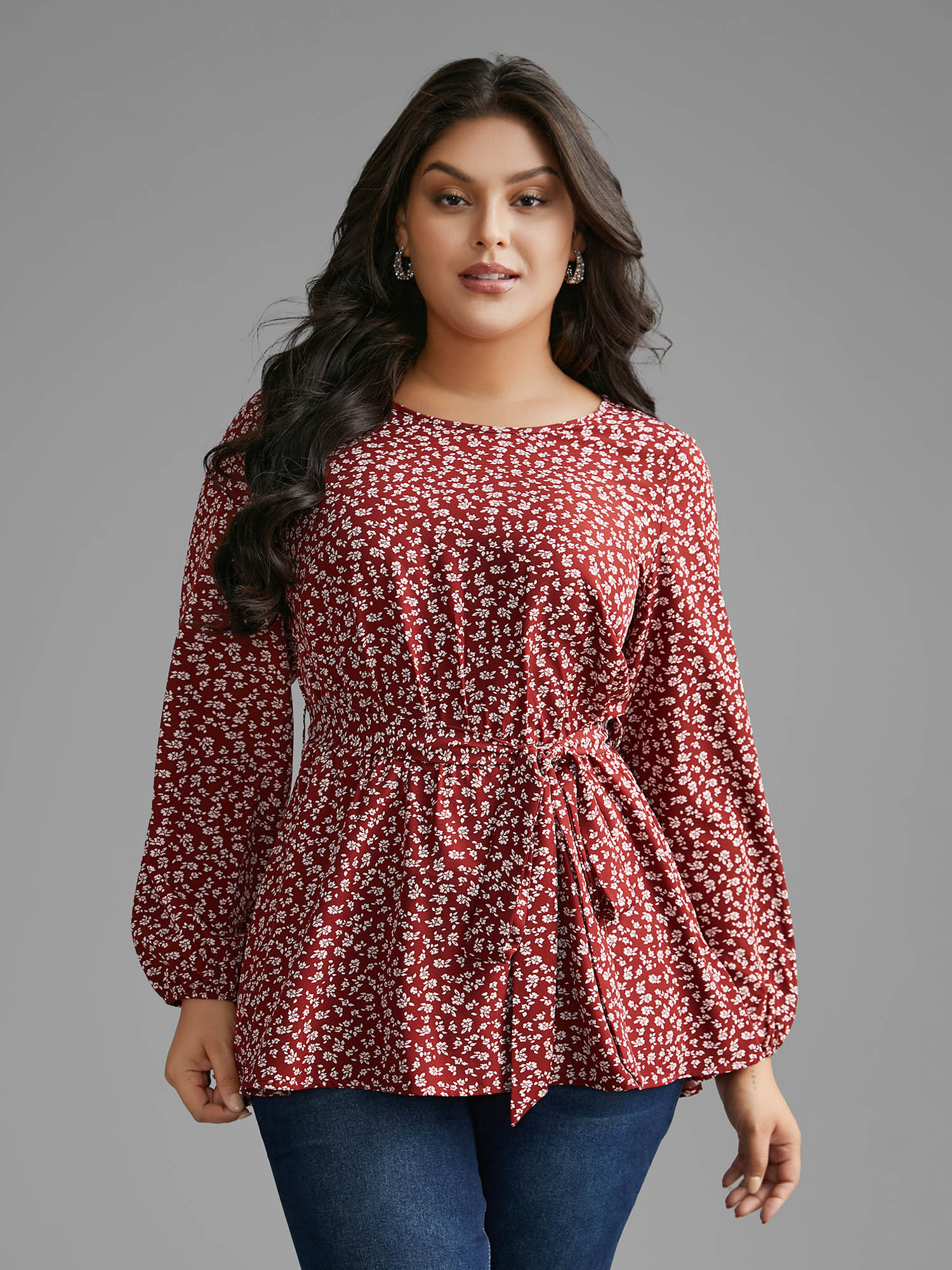 

Plus Size Scarlet Ditsy Floral Lantern Sleeve Belted Blouse Women Elegant Long Sleeve Round Neck Everyday Blouses BloomChic