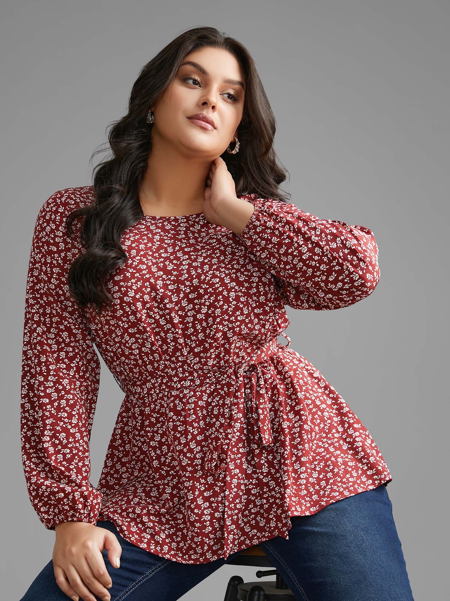 

Plus Size Scarlet Ditsy Floral Lantern Sleeve Belted Blouse Women Elegant Long Sleeve Round Neck Everyday Blouses BloomChic