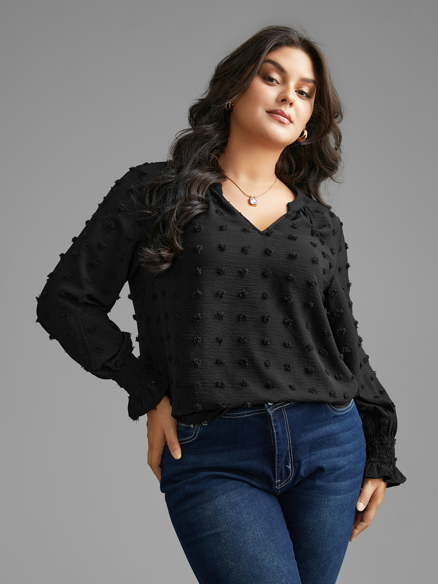 

Plus Size Black Plain Textured Shirred Gathered Blouse Women Elegant Long Sleeve V-neck Everyday Blouses BloomChic