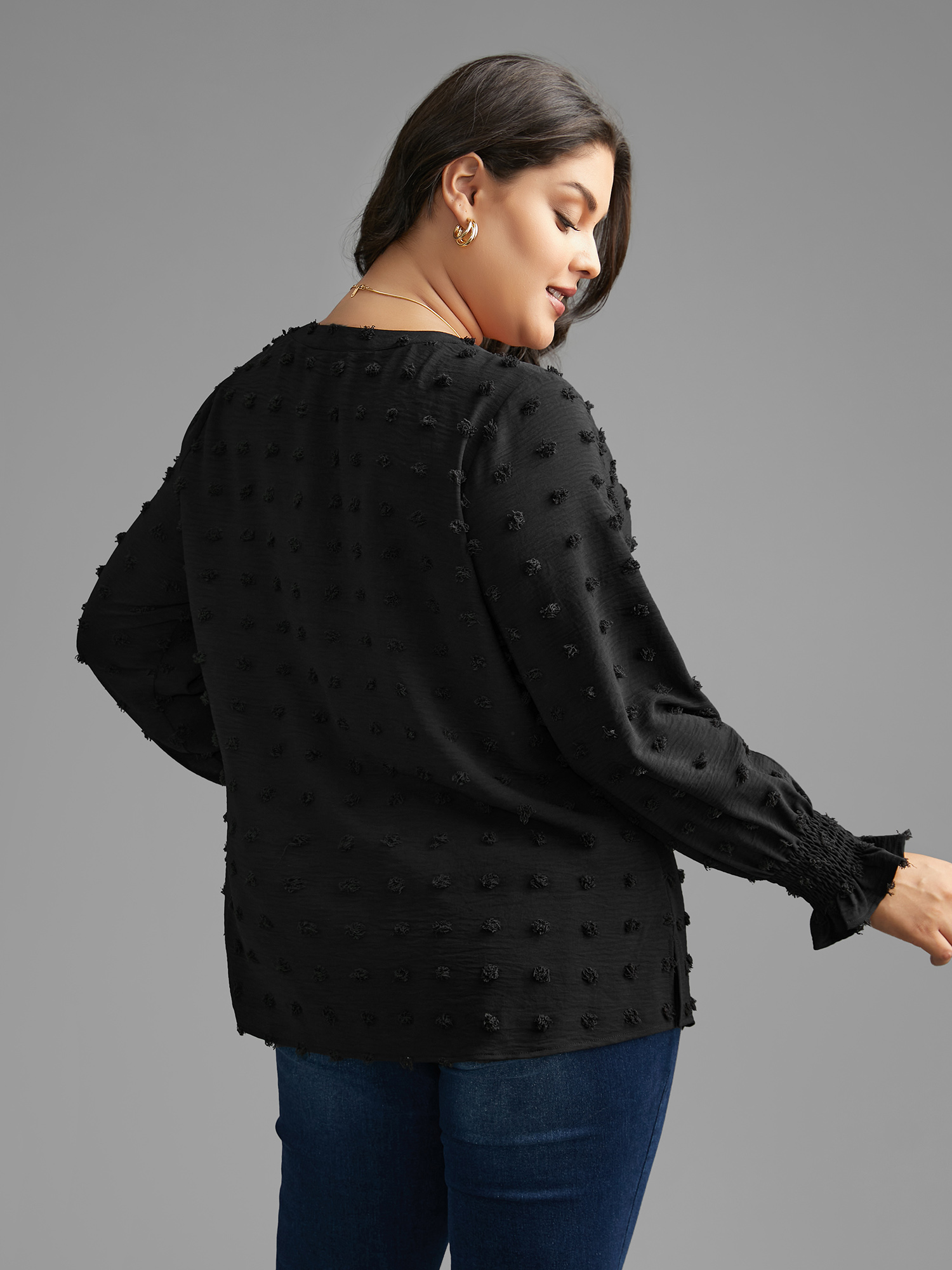 

Plus Size Black Plain Textured Shirred Gathered Blouse Women Elegant Long Sleeve V-neck Everyday Blouses BloomChic