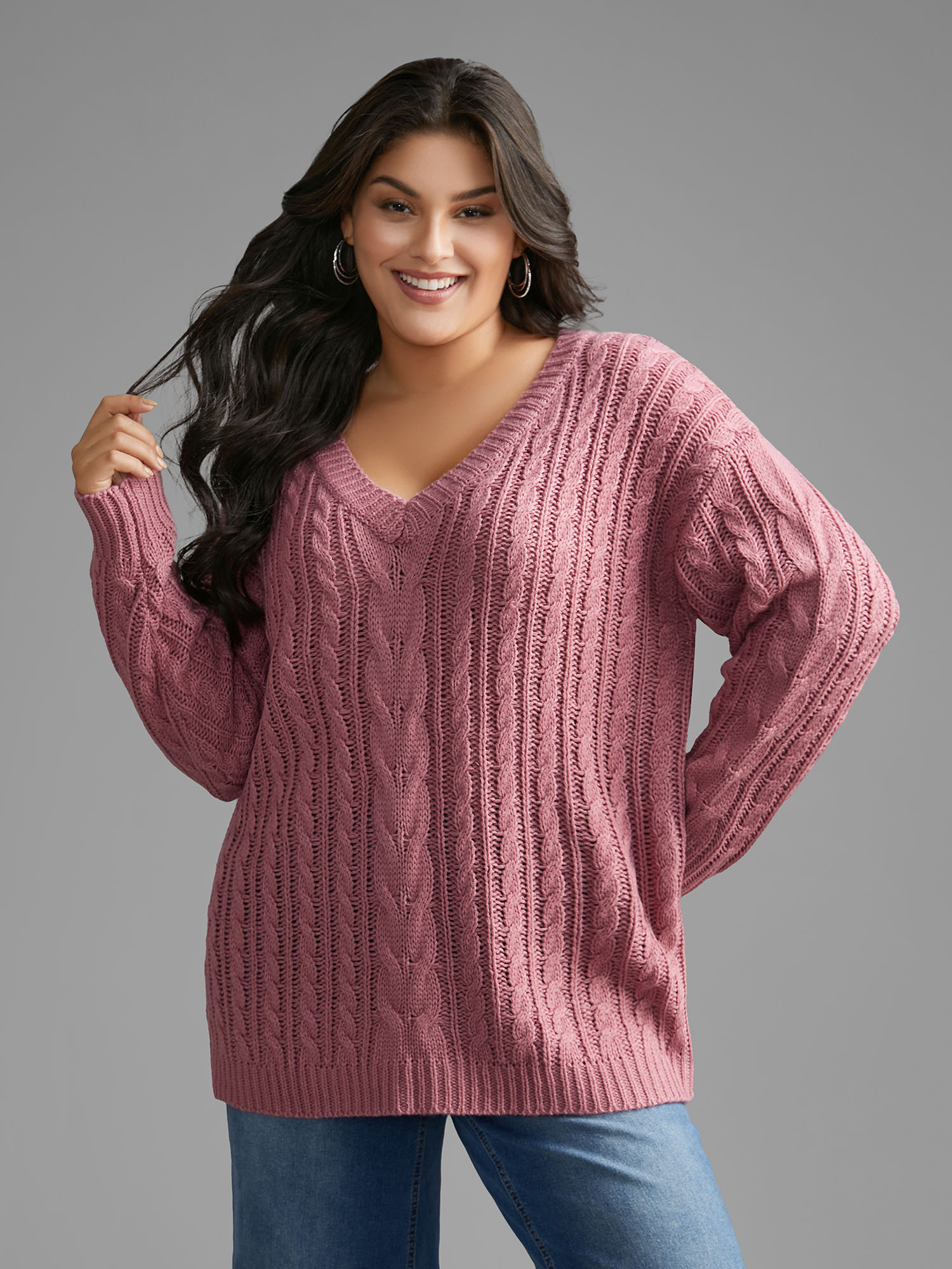 

Plus Size V Neck Texture Cable Knit Pullover DustyPink Women Casual Loose Long Sleeve V-neck Everyday Pullovers BloomChic