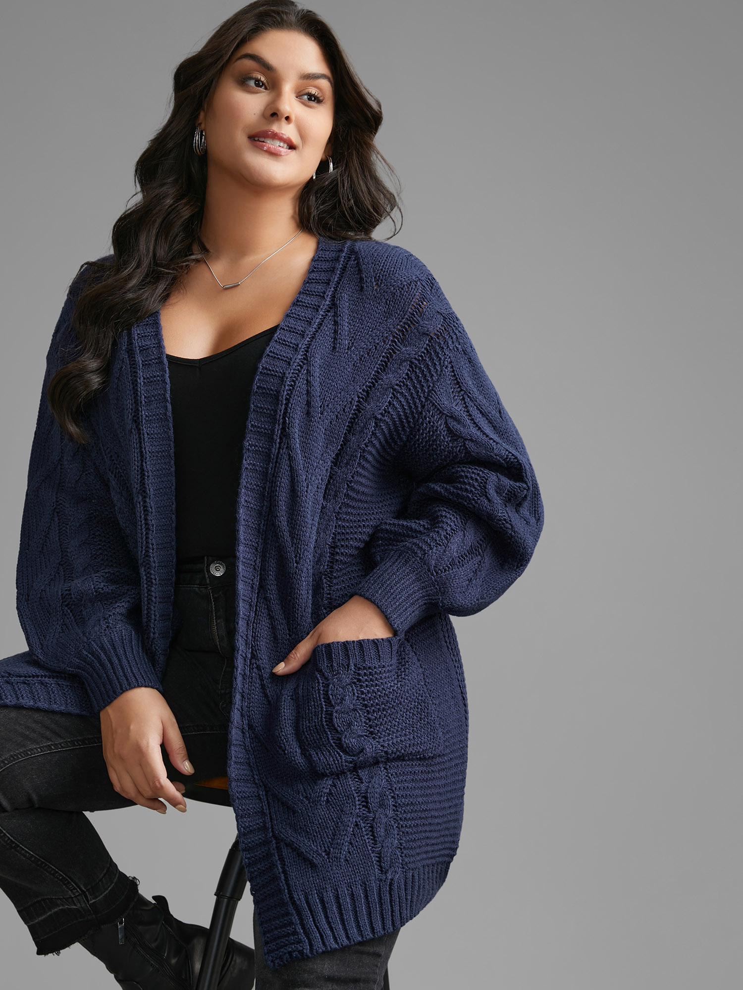 

Plus Size Texture Cable Knit Patched Pocket Cardigan Indigo Women Casual Long Sleeve Everyday Cardigans BloomChic