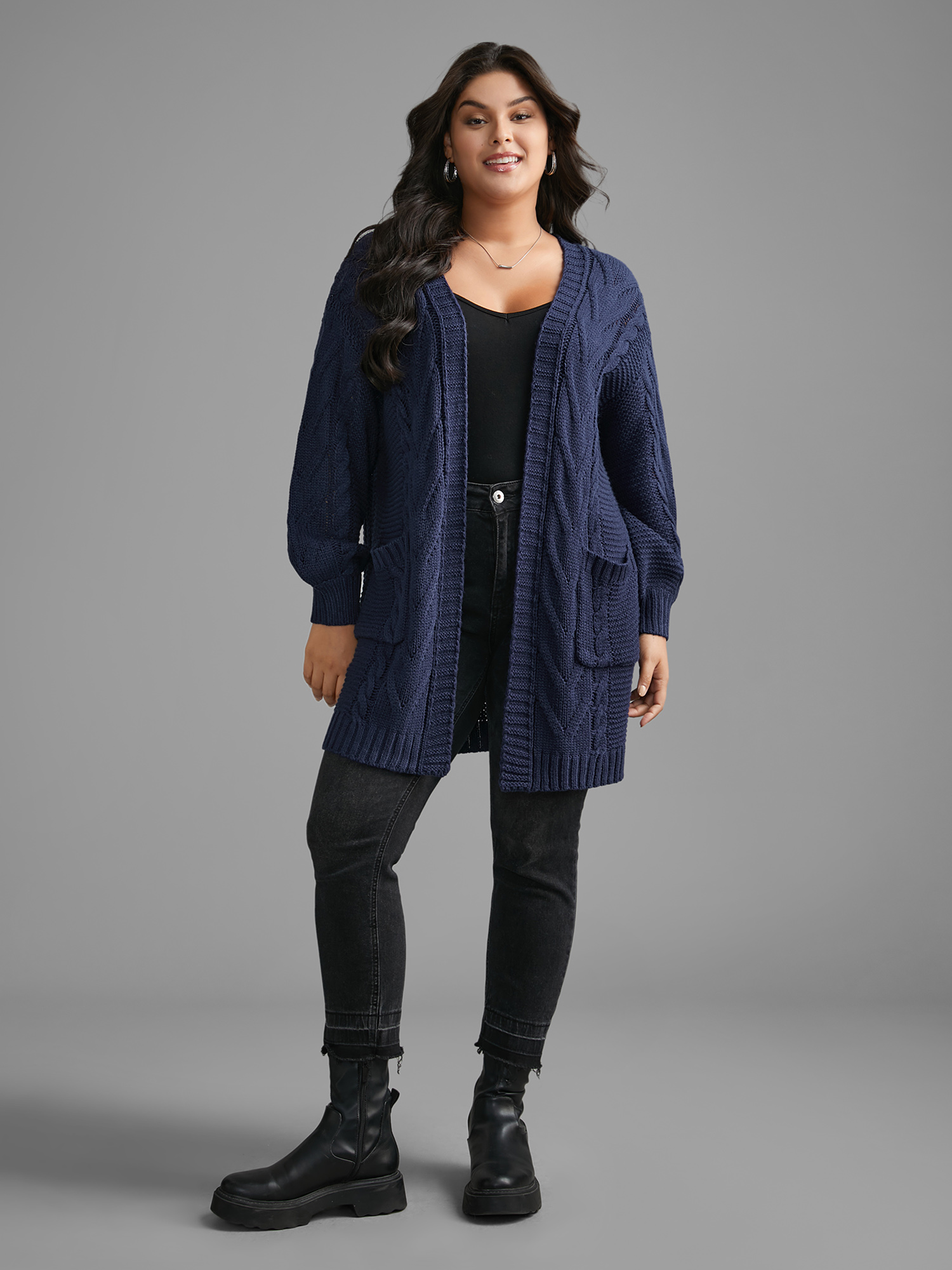 

Plus Size Texture Cable Knit Patched Pocket Cardigan Indigo Women Casual Long Sleeve Everyday Cardigans BloomChic