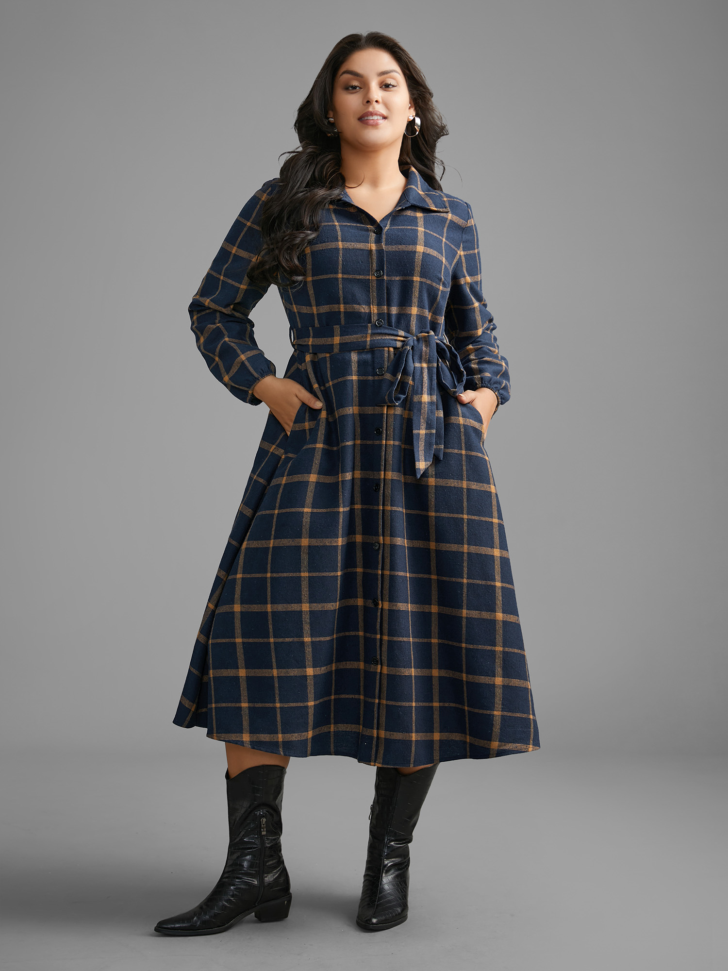 

Plus Size Plaid Button Through Belted Dress DarkBlue Women Casual Belted Shirt collar Long Sleeve Curvy BloomChic