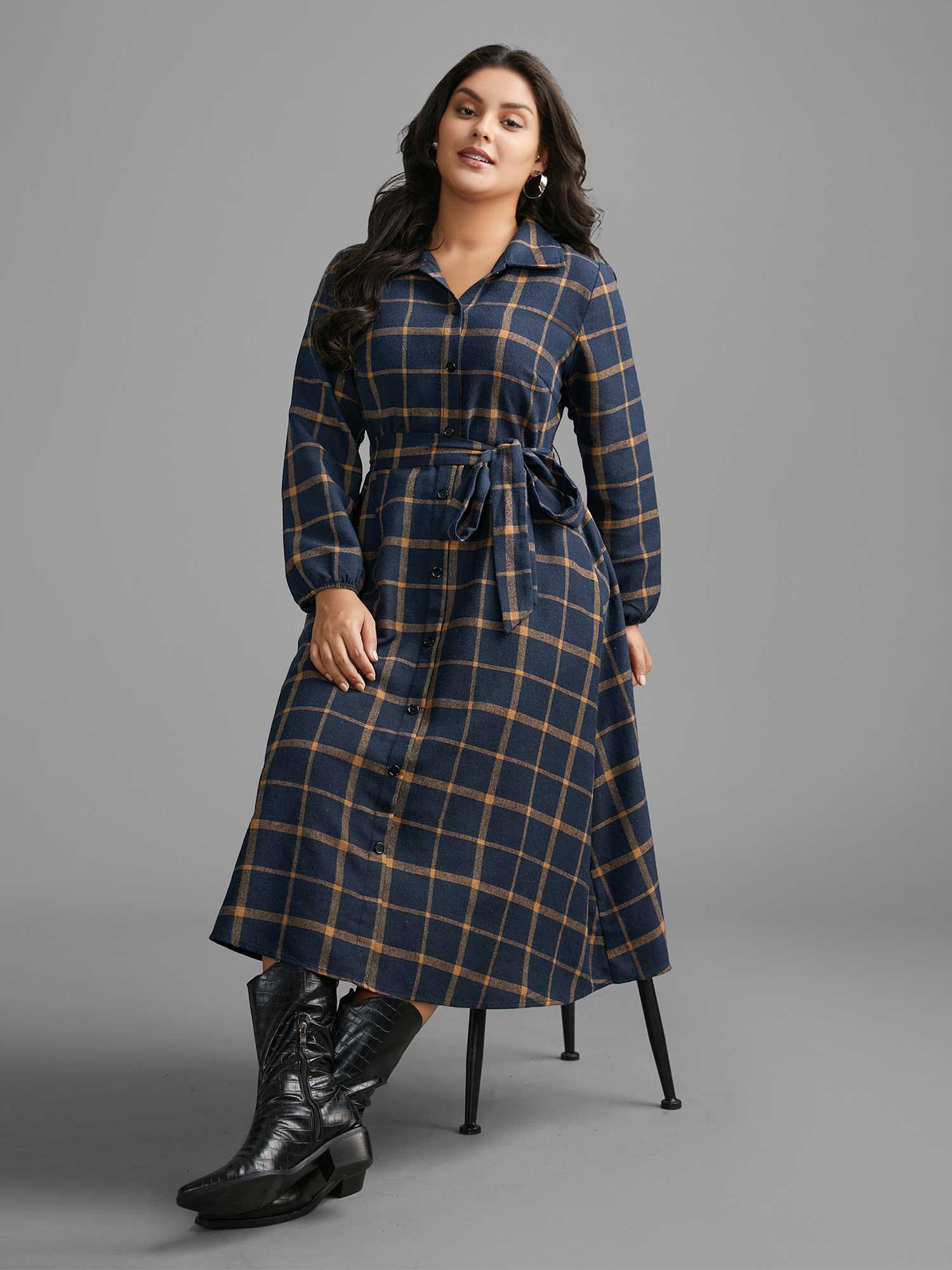 

Plus Size Plaid Button Through Belted Dress DarkBlue Women Casual Belted Shirt collar Long Sleeve Curvy BloomChic