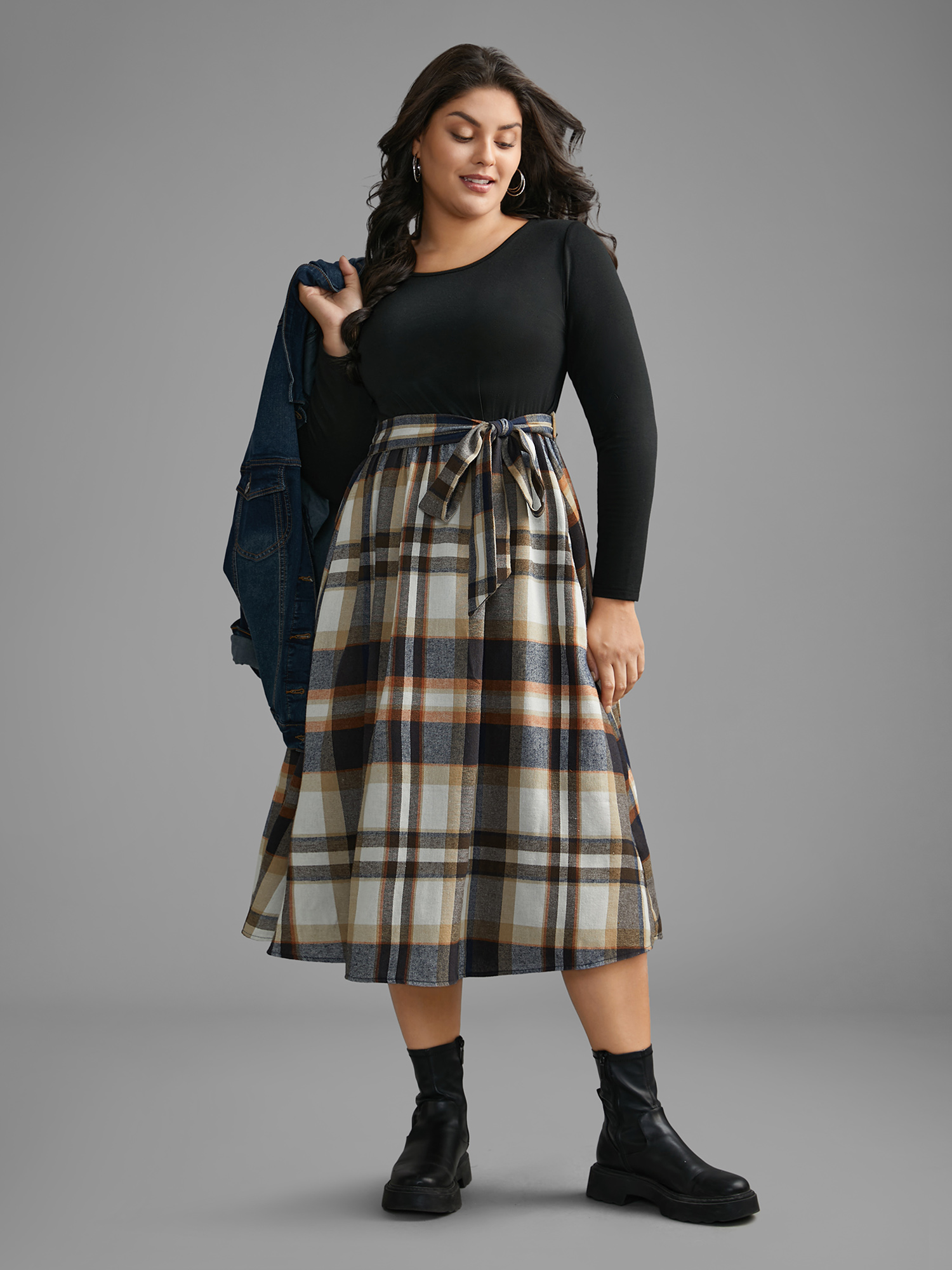 

Plus Size Plaid Patchwork Elastic Waist Belted Dress Black Women Casual Belted Round Neck Long Sleeve Curvy BloomChic