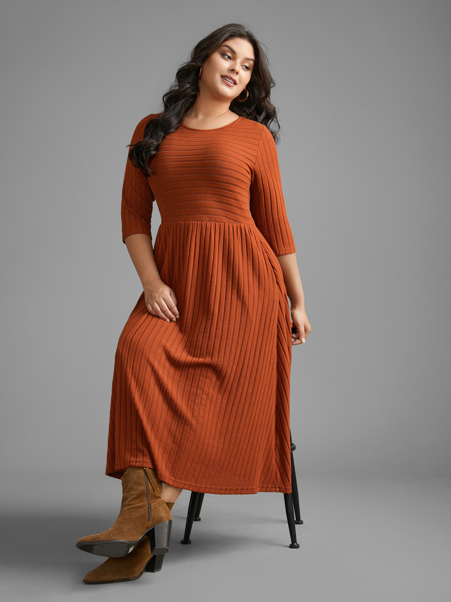 

Plus Size Plain Rib Knit Pocket Midi Dress OrangeRed Women Casual Texture Knit Dresses Bloomchic