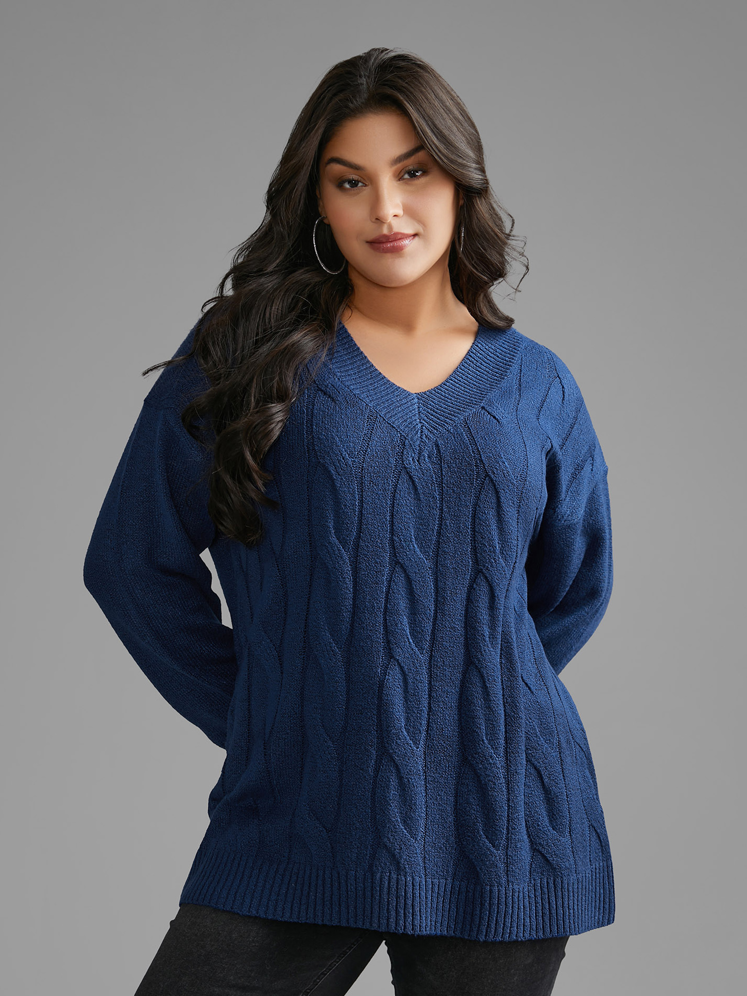 

Plus Size V Neck Cable Knit Texture Pullover DarkBlue Women Casual Loose Long Sleeve V-neck Everyday Pullovers BloomChic