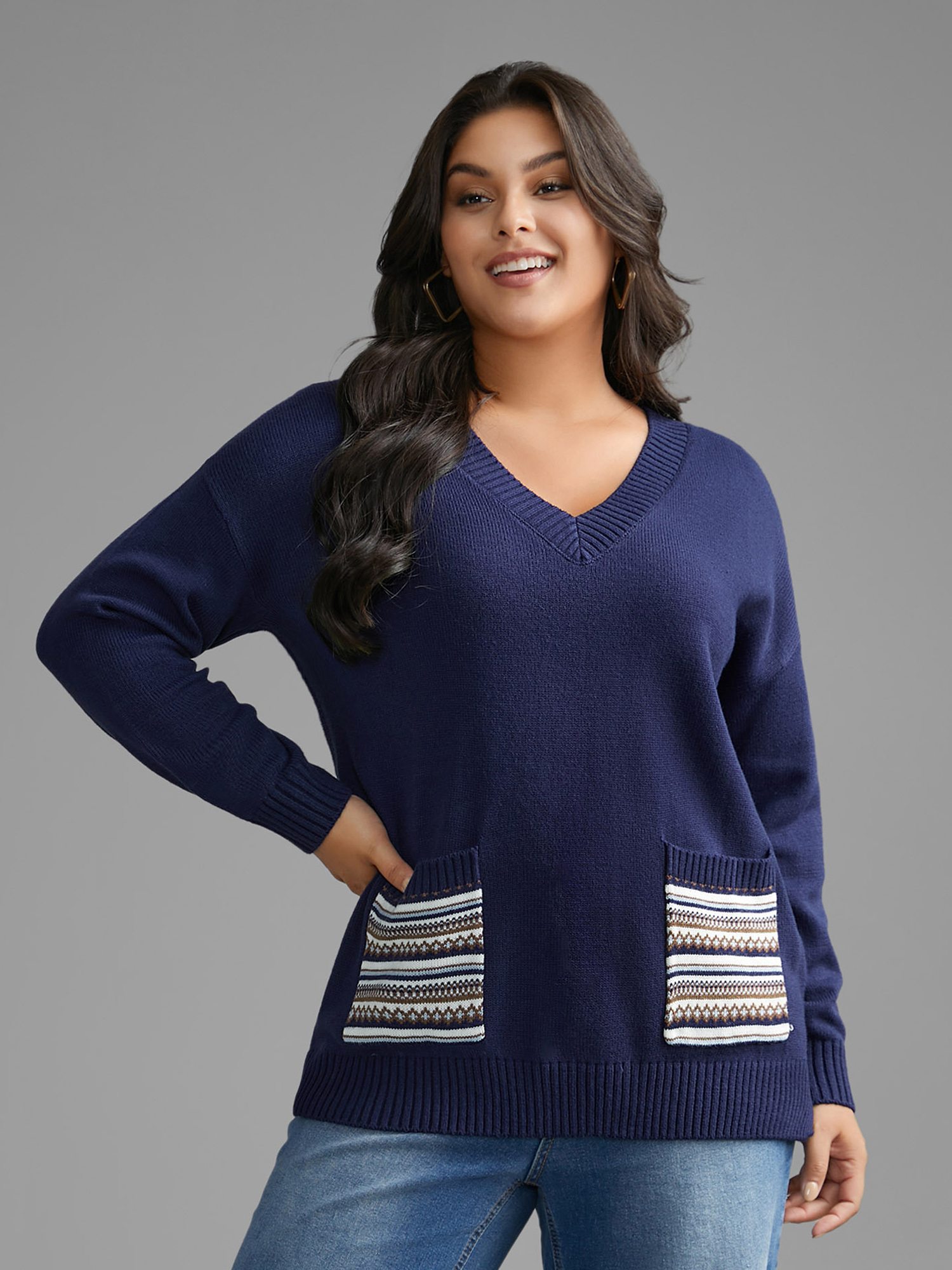 

Plus Size Striped Jacquard Patched Pocket Pullover Indigo Women Casual Loose Long Sleeve V-neck Everyday Pullovers BloomChic