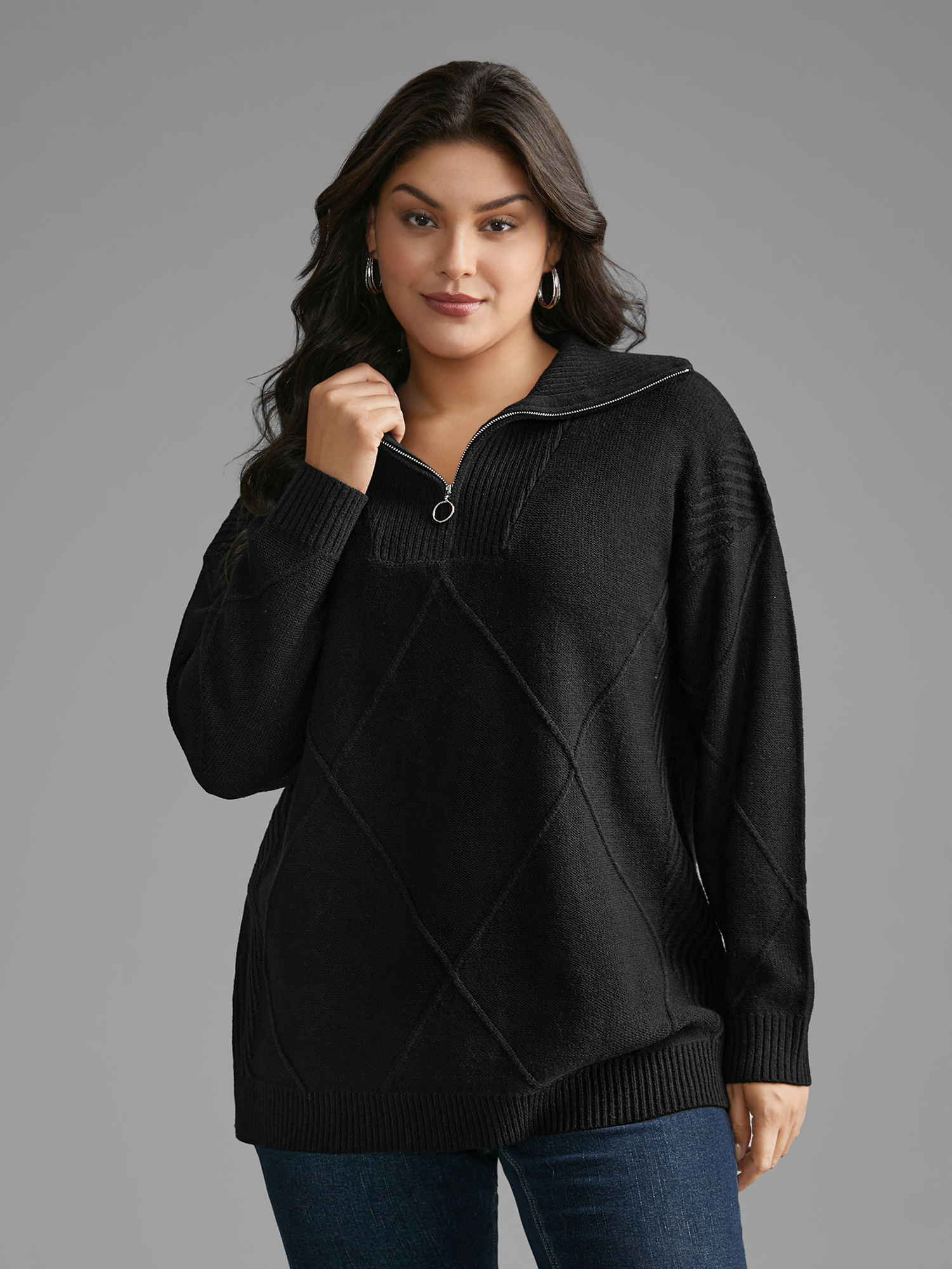 

Plus Size Texture Half Zip Drop Shoulder Pullover Black Women Casual Loose Long Sleeve Polo Everyday Pullovers BloomChic