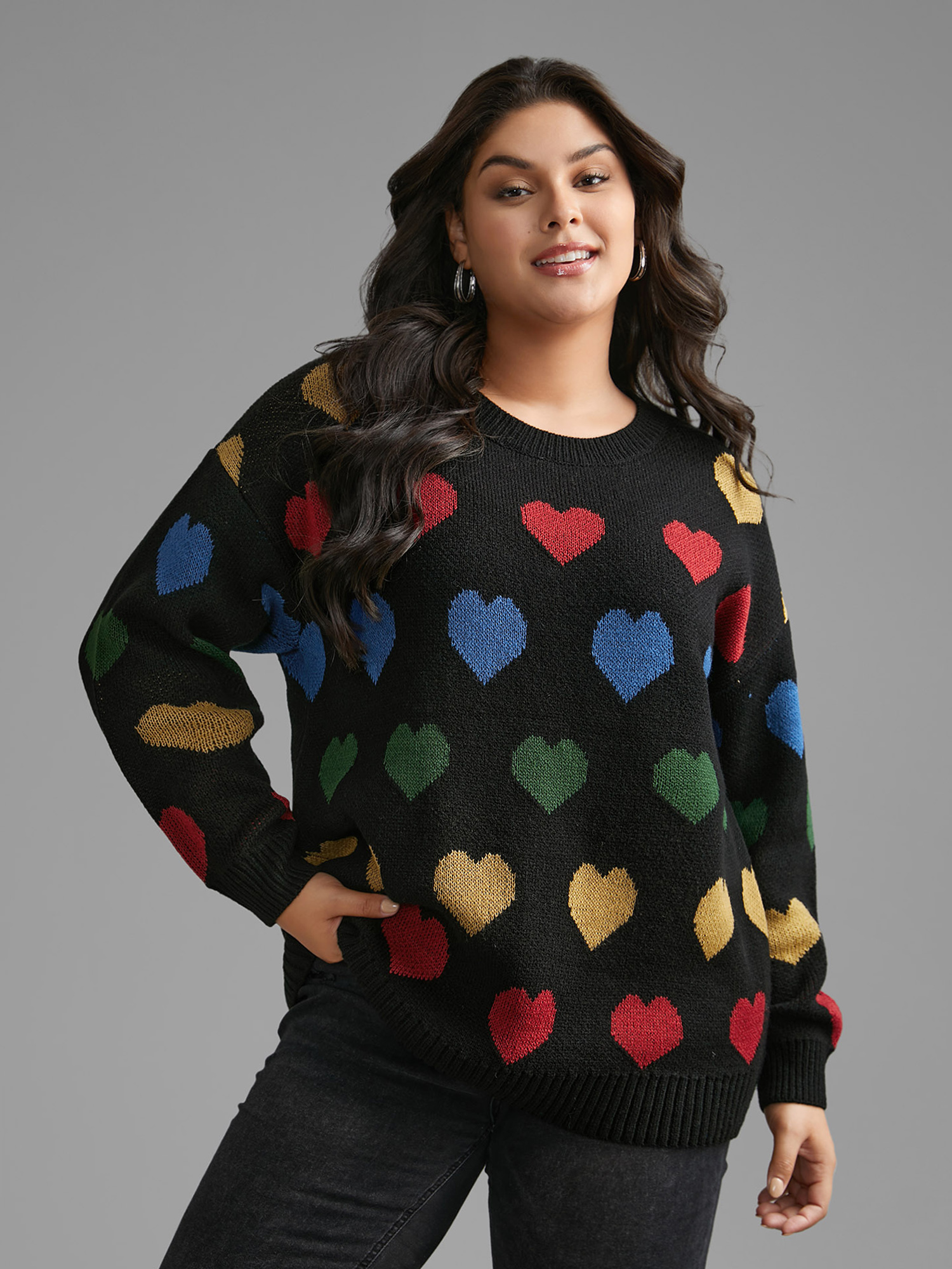 

Plus Size Colored Heart Drop Shoulder Sleeve Pullover Black Women Casual Loose Long Sleeve Round Neck Everyday Pullovers BloomChic