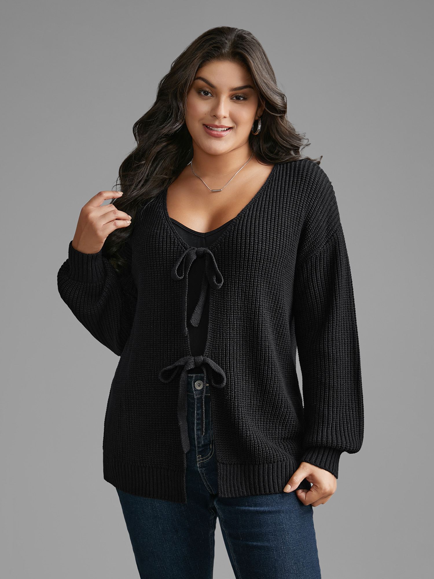 

Plus Size Supersoft Essentials Solid Tie Knot Cardigan Black Women Casual Bodycon Long Sleeve Everyday Cardigans BloomChic