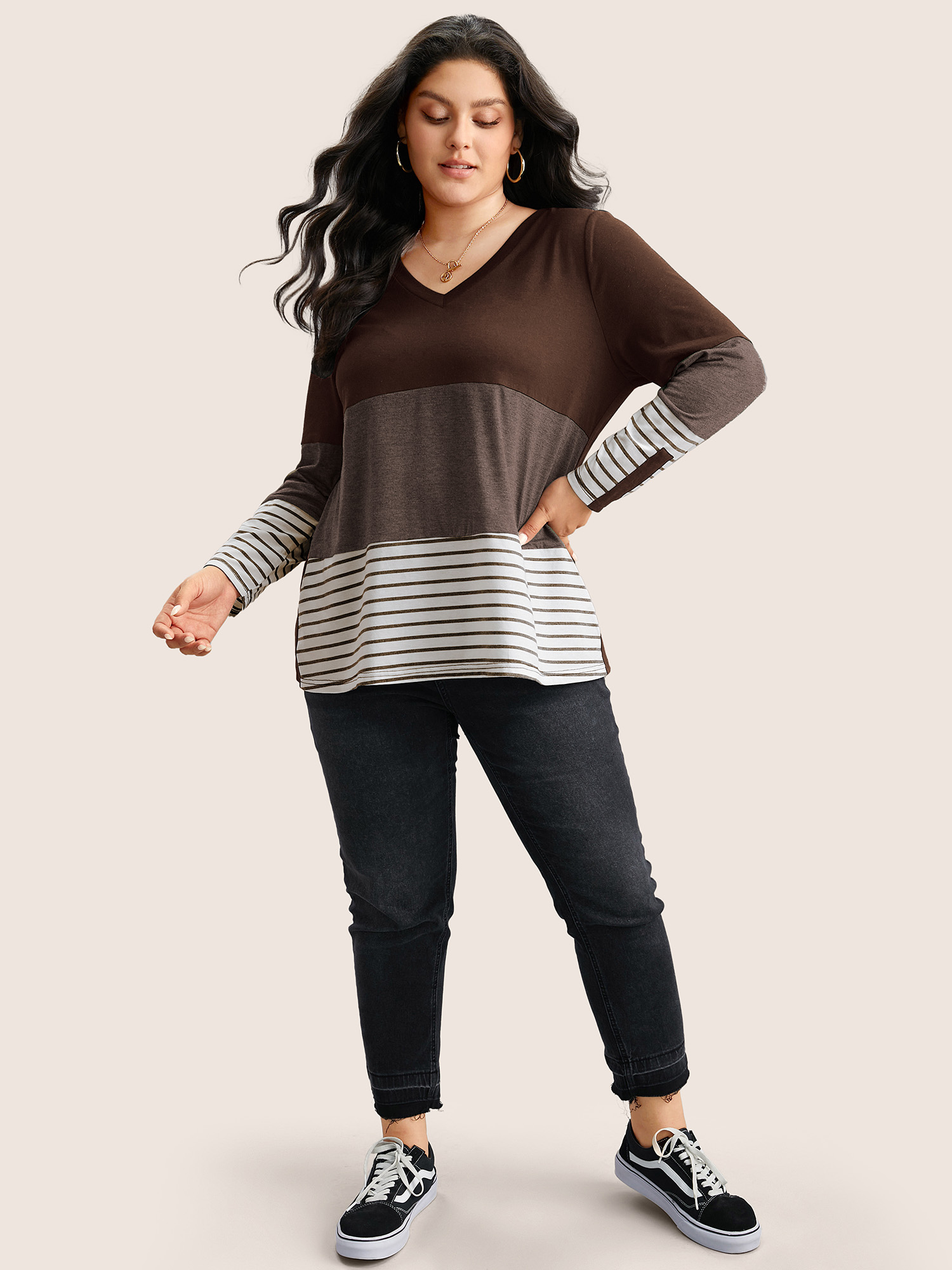 Plus Size Colorblock Contrast Striped V Neck T-shirt Bronze Women Casual Contrast Striped V-neck Everyday T-shirts BloomChic 10/M 