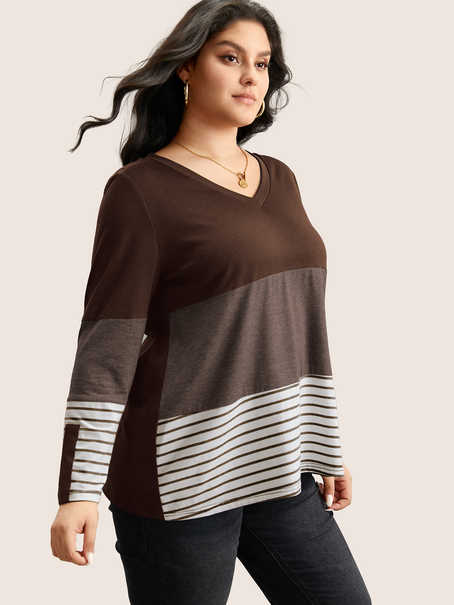 

Plus Size Colorblock Contrast Striped V Neck T-shirt Bronze Women Casual Contrast Striped V-neck Everyday T-shirts BloomChic