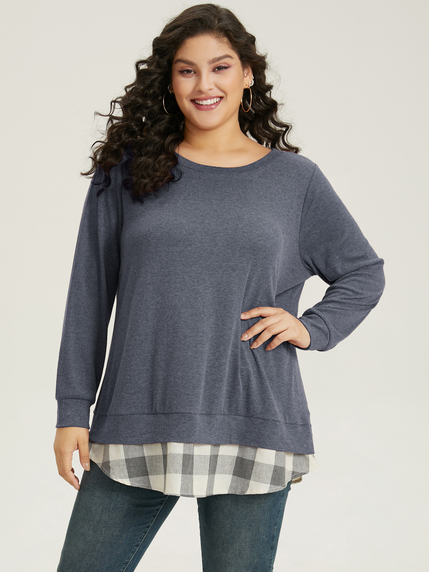 

Plus Size Heather Plaid Patchwork Crew Neck T-shirt Blue Women Casual Heather Plaid Round Neck Everyday T-shirts BloomChic