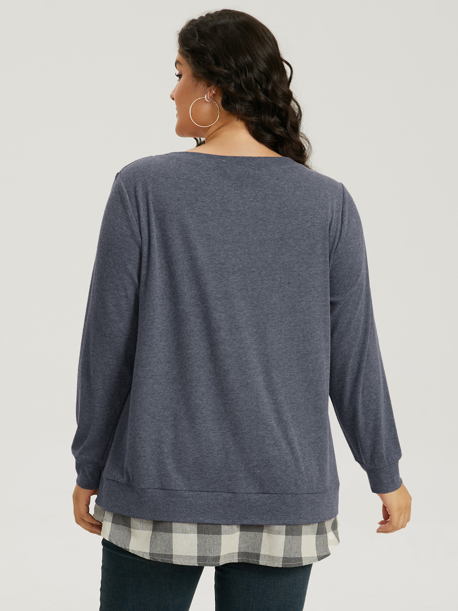Plus Size Heather Plaid Patchwork Crew Neck T-shirt Blue Women Casual Heather Plaid Round Neck Everyday T-shirts BloomChic 28/5X 