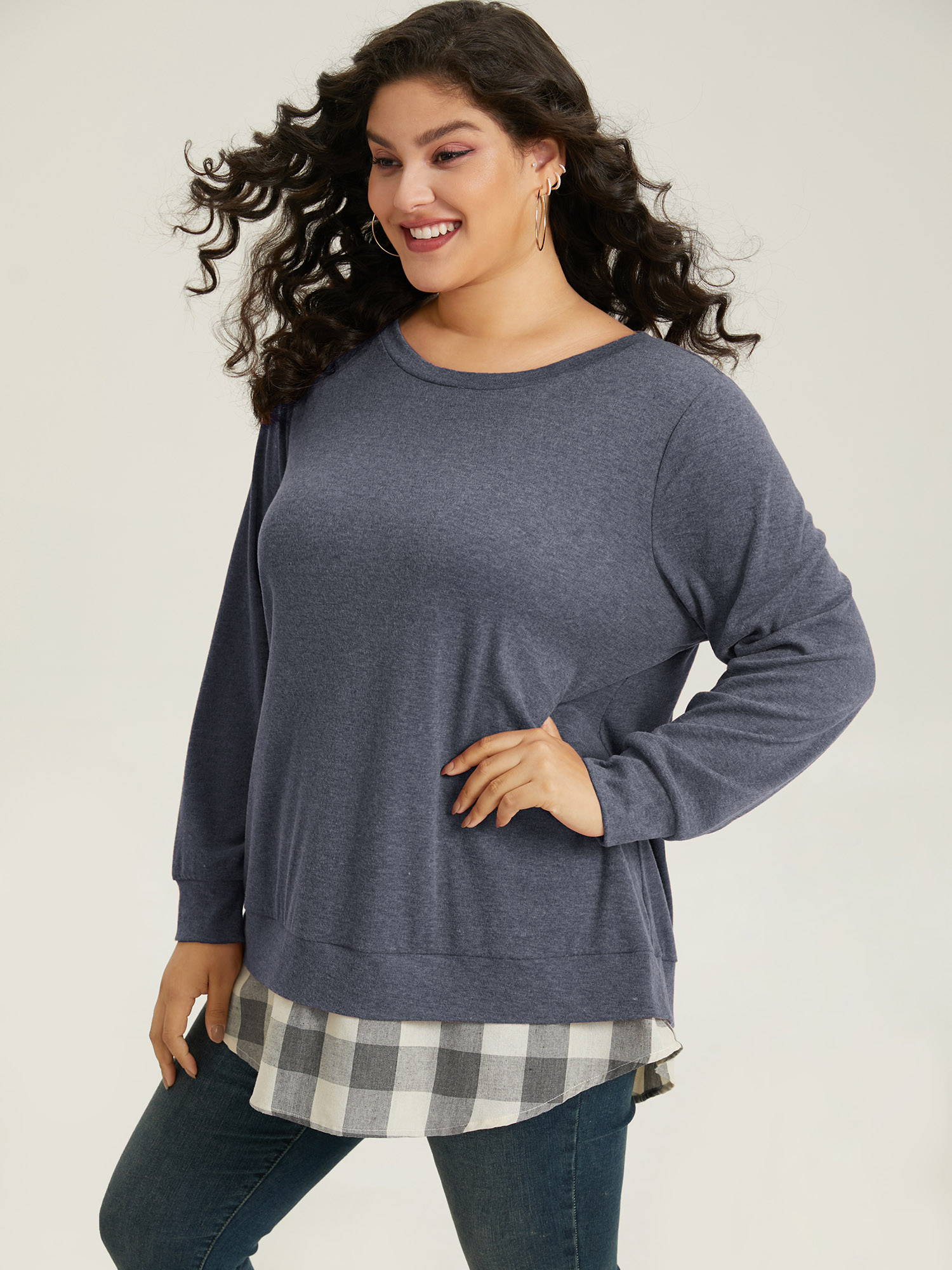 

Plus Size Heather Plaid Patchwork Crew Neck T-shirt Blue Women Casual Heather Plaid Round Neck Everyday T-shirts BloomChic