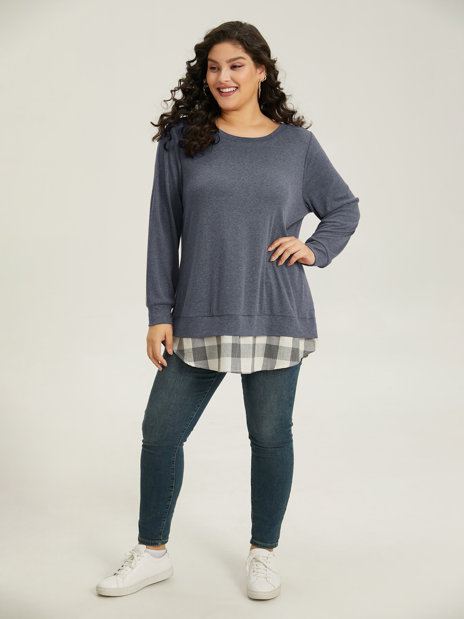 Plus Size Heather Plaid Patchwork Crew Neck T-shirt Blue Women Casual Heather Plaid Round Neck Everyday T-shirts BloomChic 28/5X 