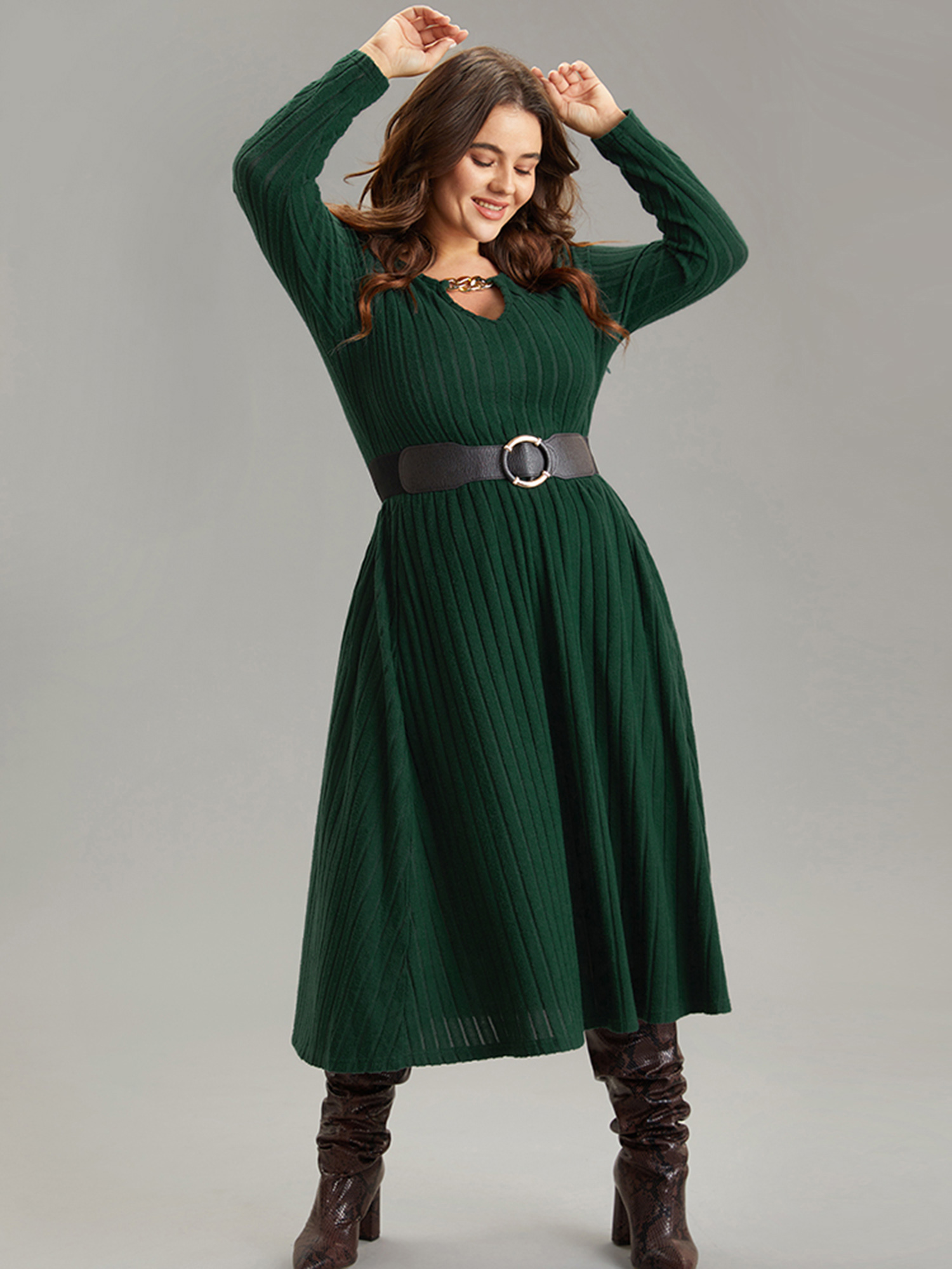 

Plus Size Rib Knit Plain Notched Pocket Dress DarkGreen Women Work From Home Rib Knit Notched collar Long Sleeve Curvy Midi Dress BloomChic