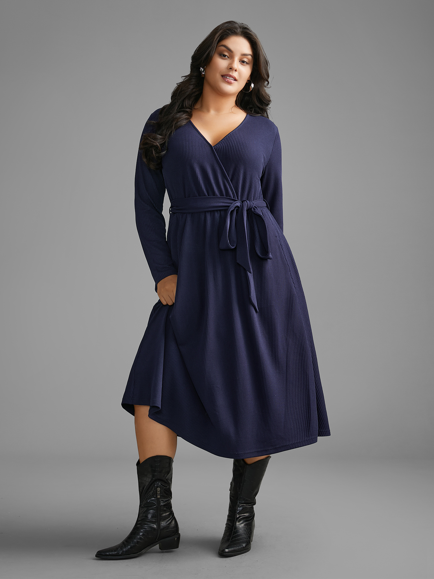 

Plus Size Solid Overlap Collar Belted Knit Dress DarkBlue Women Casual Texture Knit Dresses Bloomchic