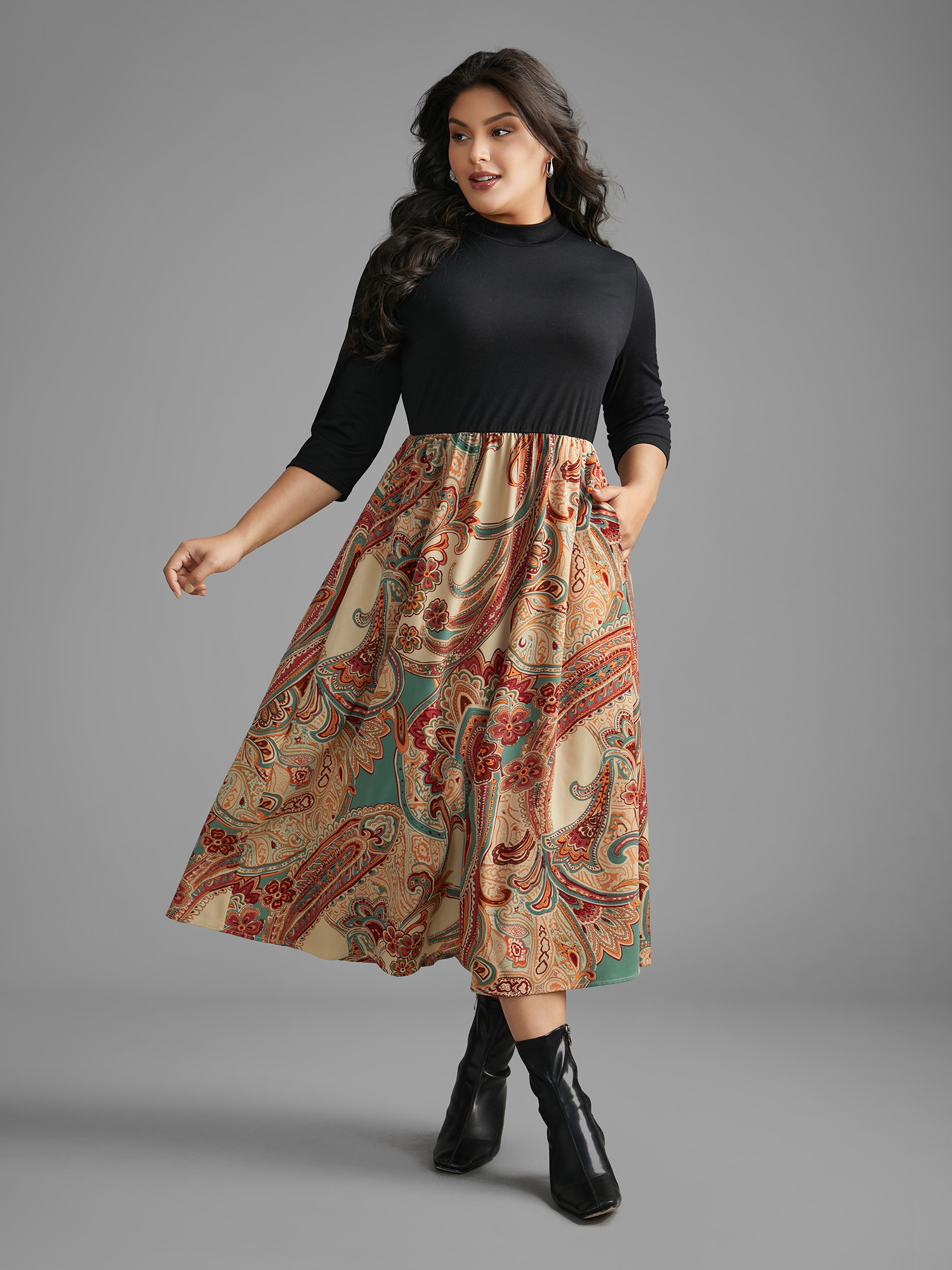 

Plus Size Bandana Print Patchwork Elastic Waist Dress Black Women Resort Patchwork Mock Neck Elbow-length sleeve Curvy BloomChic