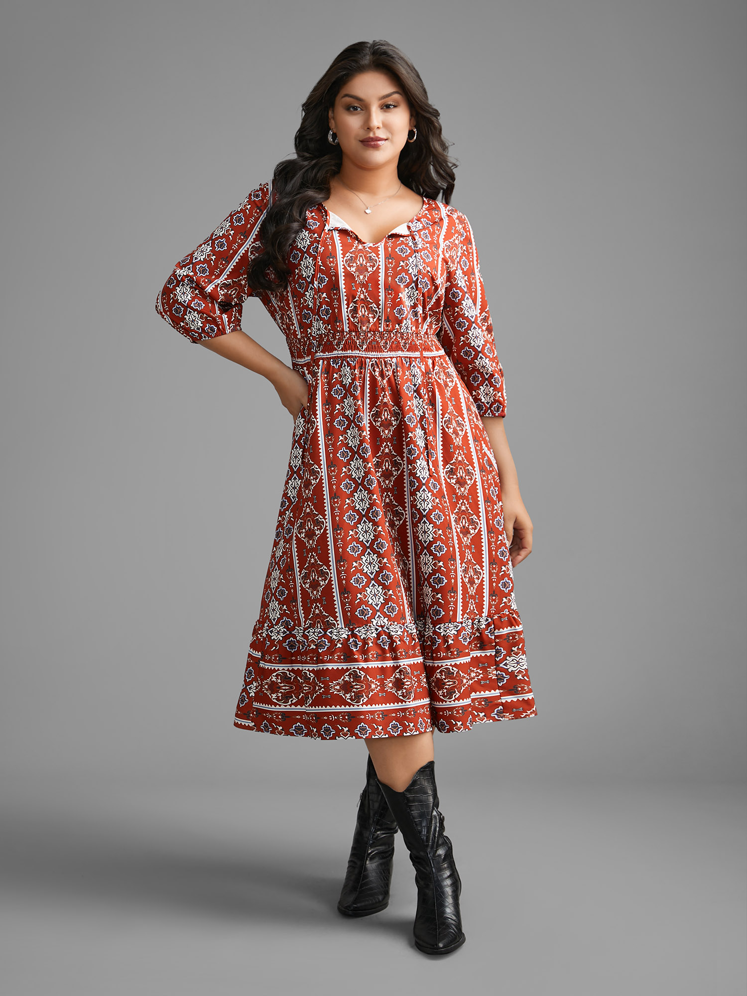 

Plus Size Boho Print Shirred Tie Knot Midi Dress Russet Women Resort Tie knot V-neck Elbow-length sleeve Curvy BloomChic