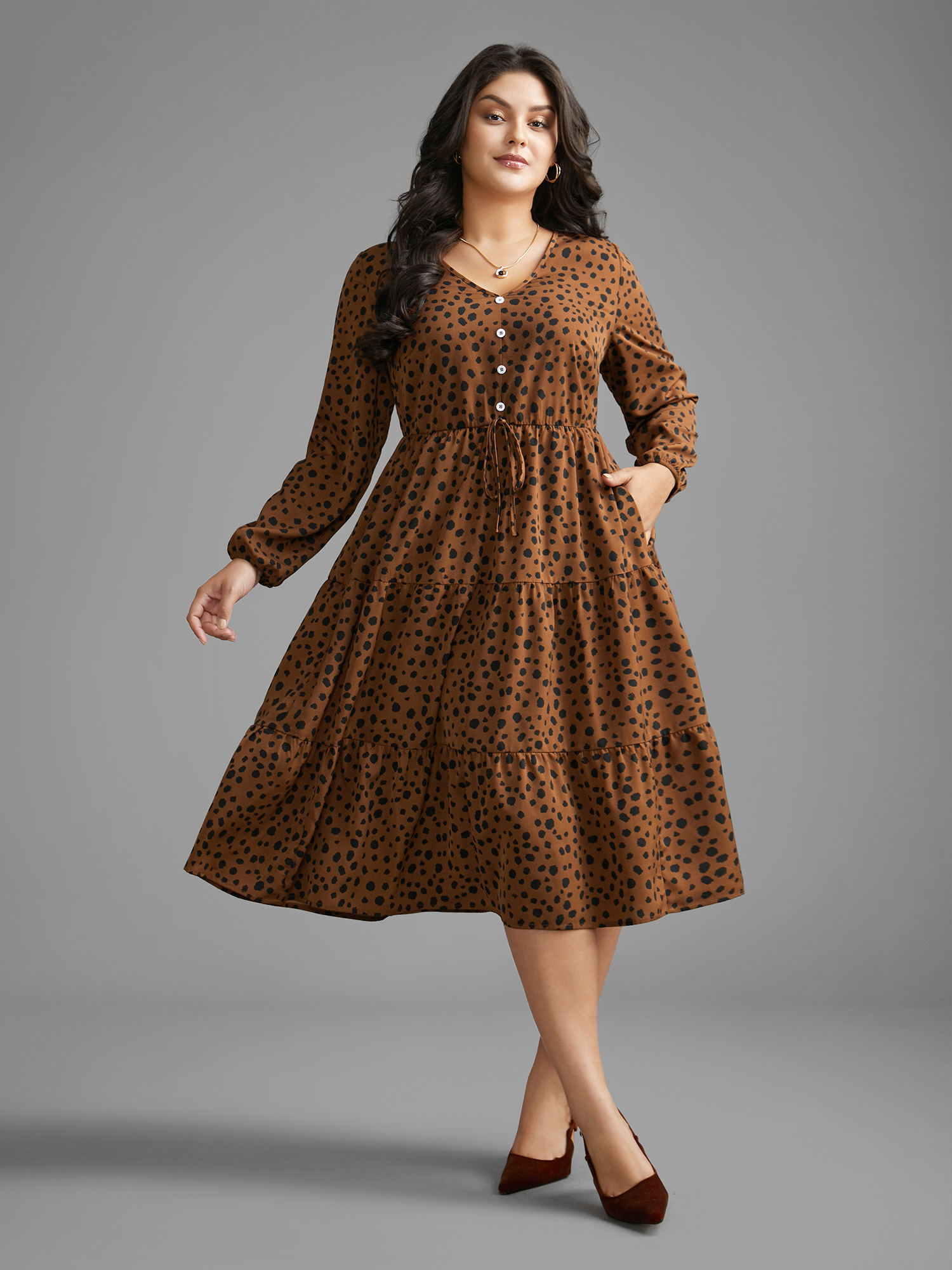 

Plus Size Leopard Print Tie Knot Ruffle Layered Hem Dress Browncoffeecolor Women Elegant Tie knot V-neck Long Sleeve Curvy BloomChic