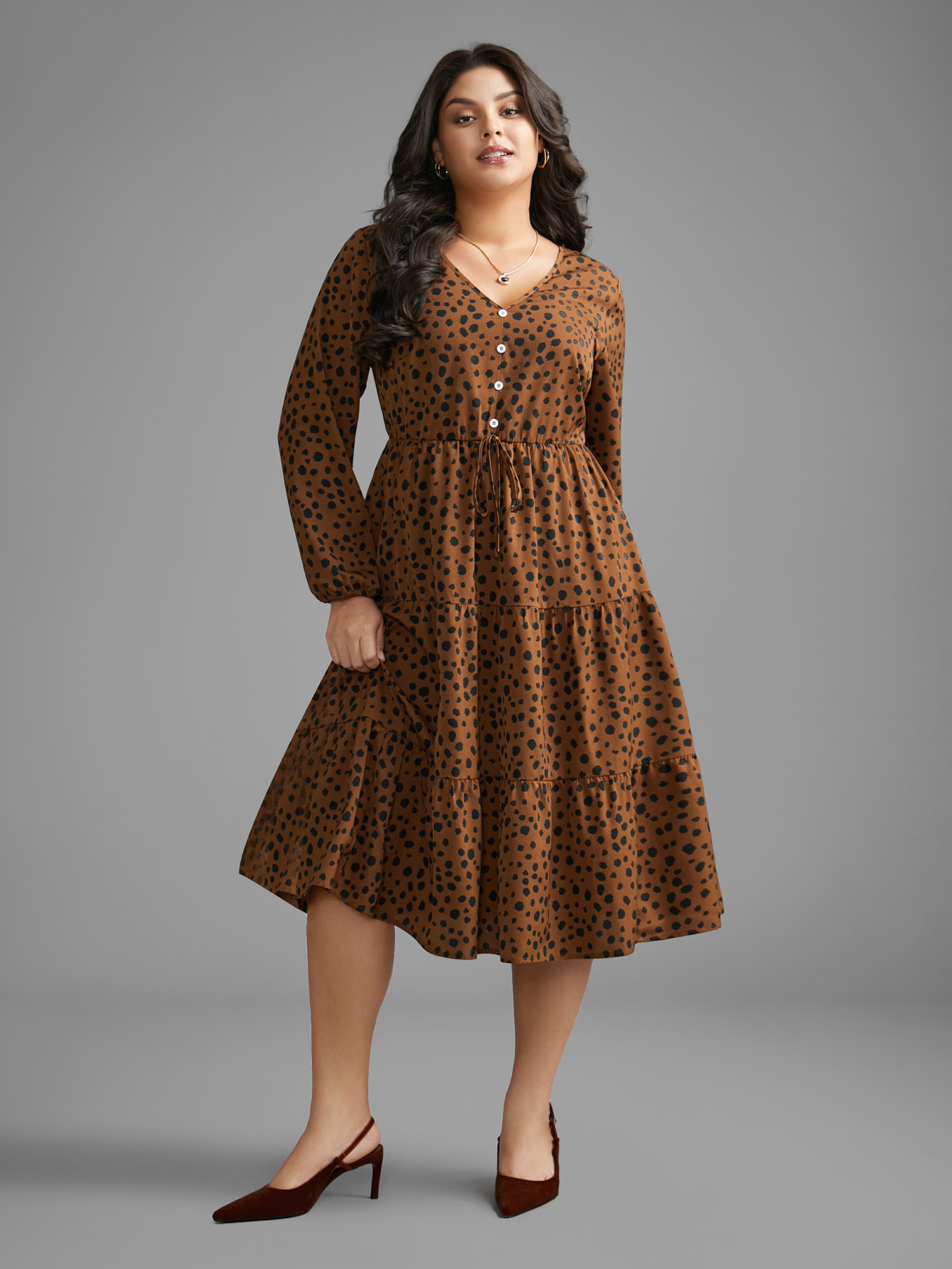 Plus Size Leopard Print Tie Knot Ruffle Layered Hem Dress Browncoffeecolor Women Elegant Tie knot V-neck Long Sleeve Curvy BloomChic 18-20/2X 