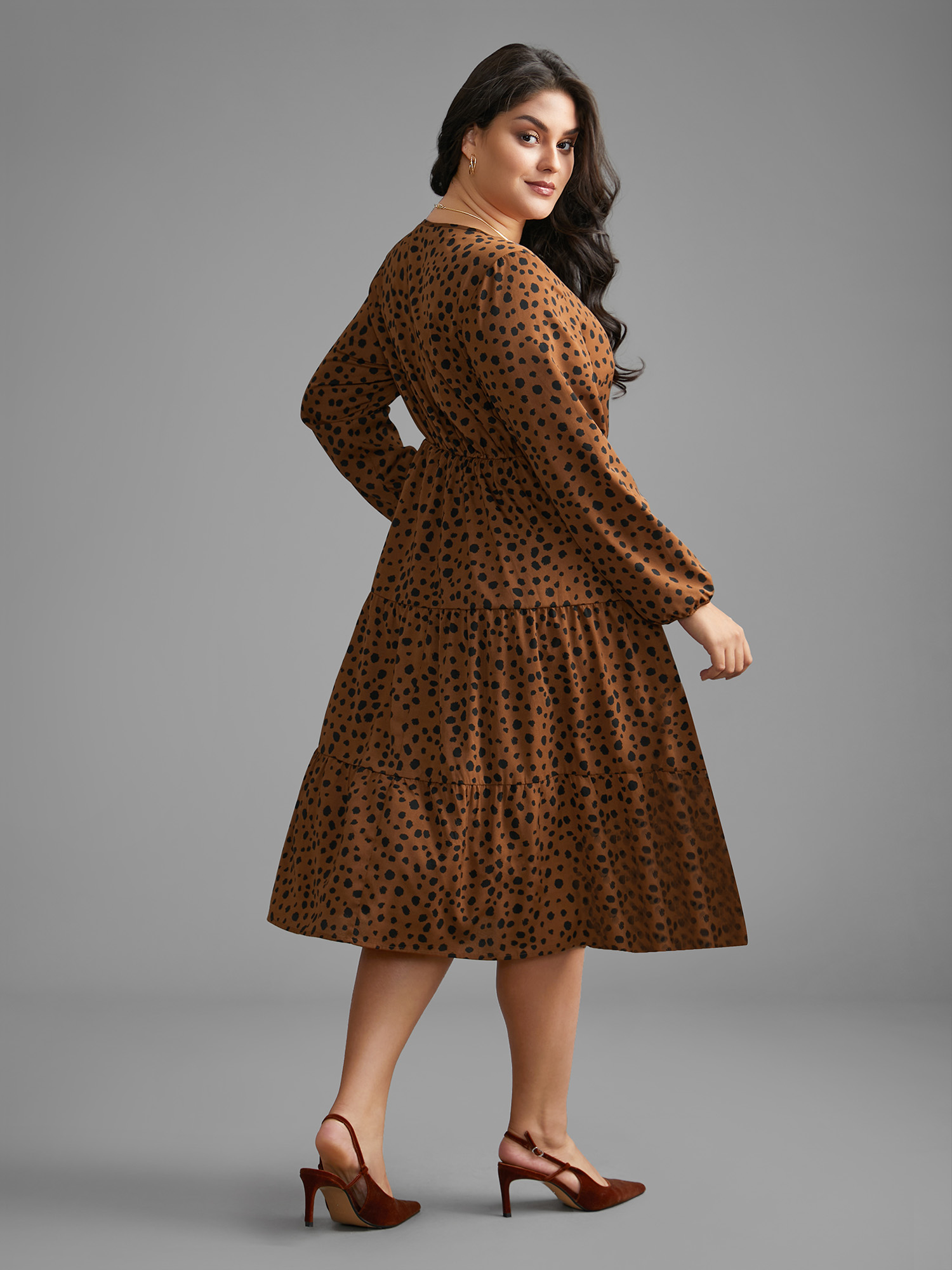 Plus Size Leopard Print Tie Knot Ruffle Layered Hem Dress Browncoffeecolor Women Elegant Tie knot V-neck Long Sleeve Curvy BloomChic 18-20/2X 