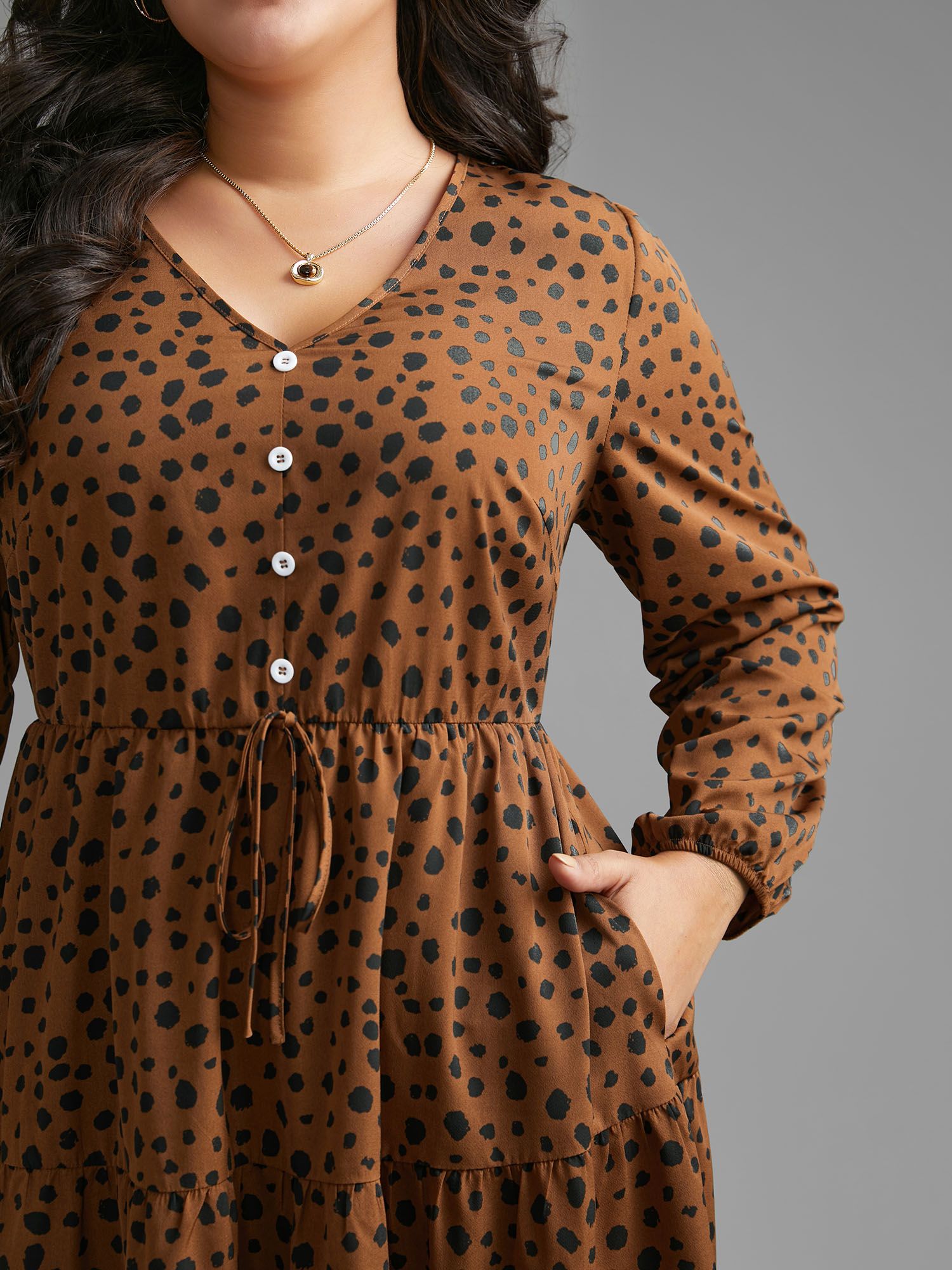 Plus Size Leopard Print Tie Knot Ruffle Layered Hem Dress Browncoffeecolor Women Elegant Tie knot V-neck Long Sleeve Curvy BloomChic 18-20/2X 