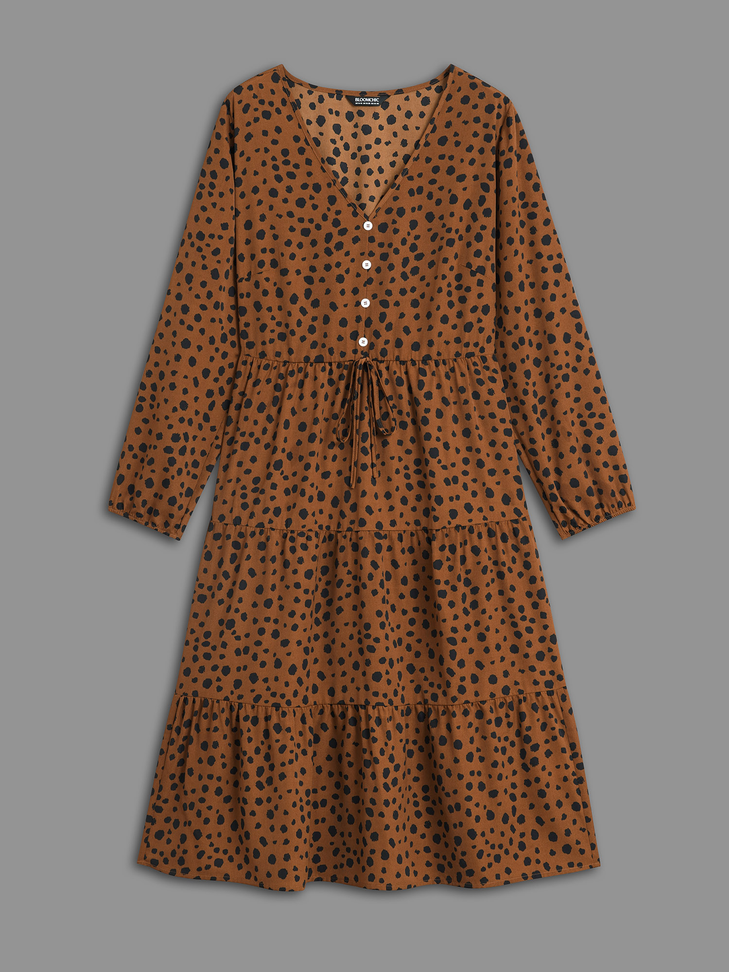 Plus Size Leopard Print Tie Knot Ruffle Layered Hem Dress Browncoffeecolor Women Elegant Tie knot V-neck Long Sleeve Curvy BloomChic 18-20/2X 