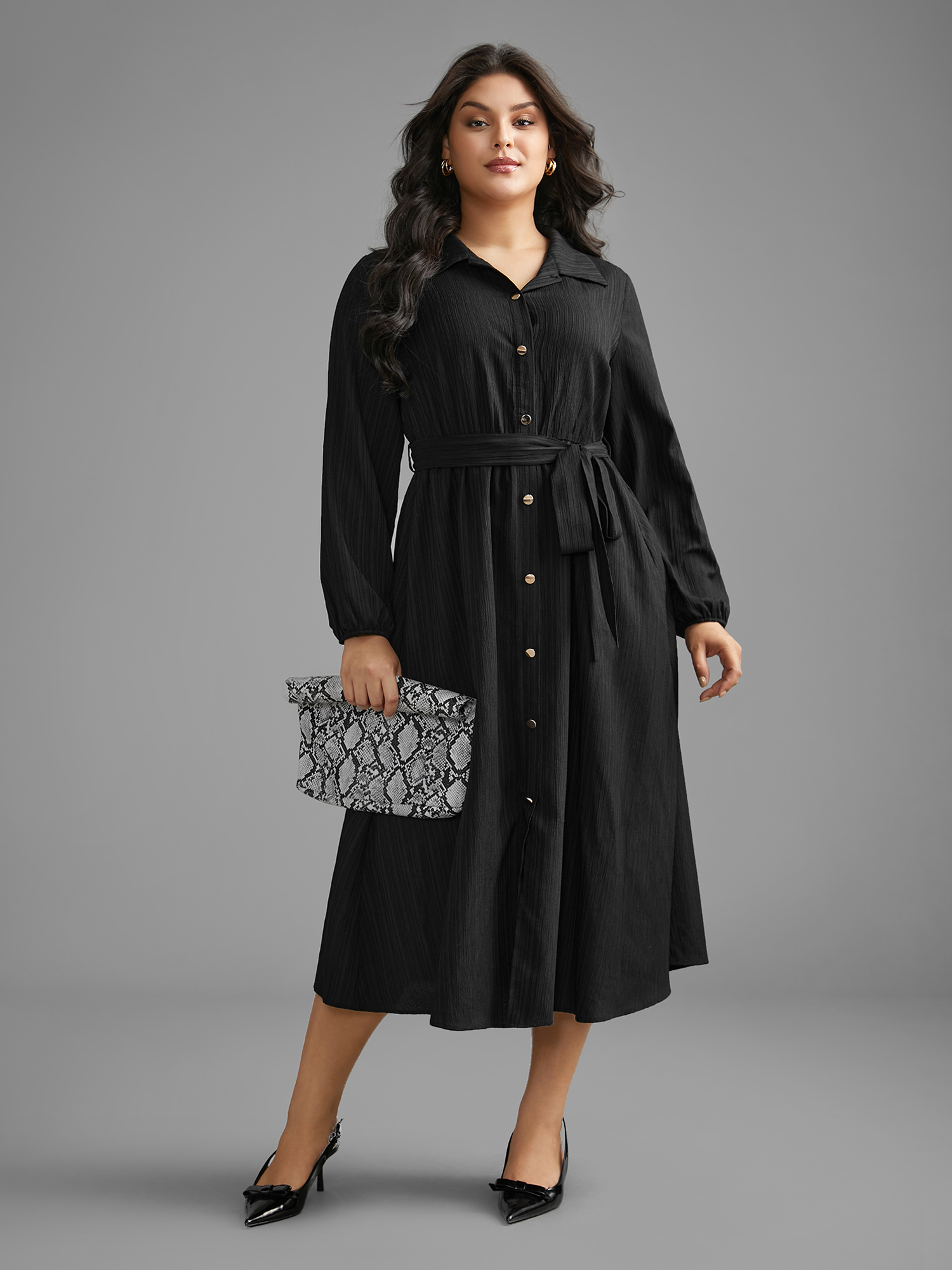 

Plus Size Textured Shirt Collar Button Up Dress Black Women At the Office Texture Shirt collar Long Sleeve Curvy BloomChic