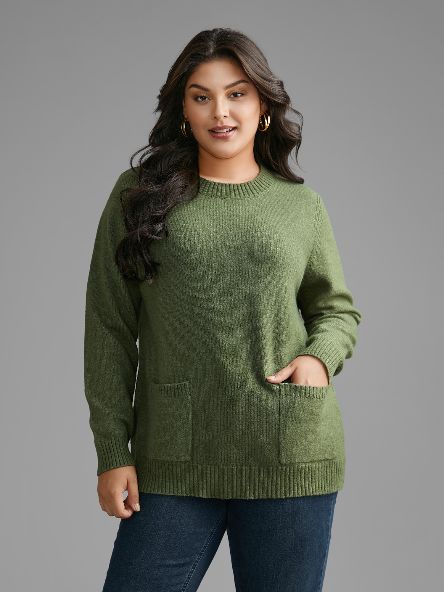 

Plus Size Plain Round Neck Patched Pocket Pullover Moss Women Casual Loose Long Sleeve Round Neck Everyday Pullovers BloomChic