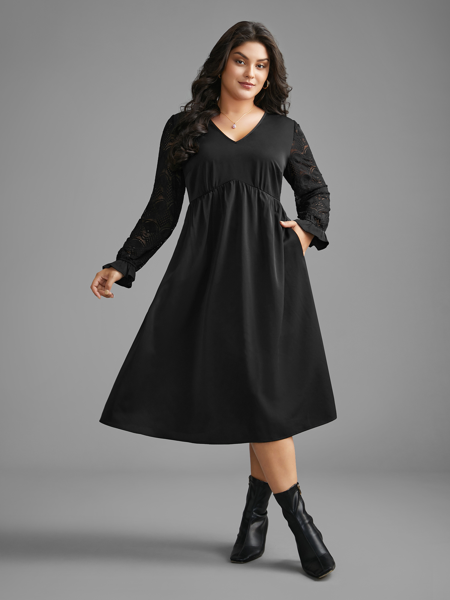 

Plus Size V Neck Lace Patchwork Midi Dress Black Women Elegant Woven ribbon&lace trim V-neck Long Sleeve Curvy BloomChic