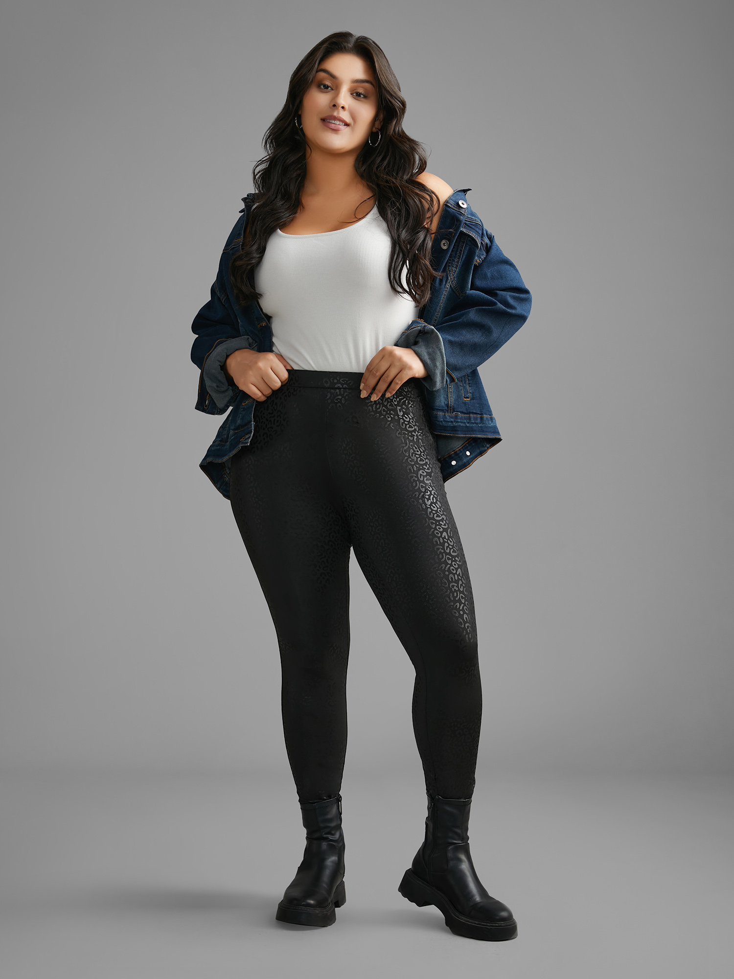 Plus Size Leopard Print Pocket High Stretch Leggings Women BlackFlower Elegant High stretch Skinny Mid Rise Everyday Leggings BloomChic 12/L 
