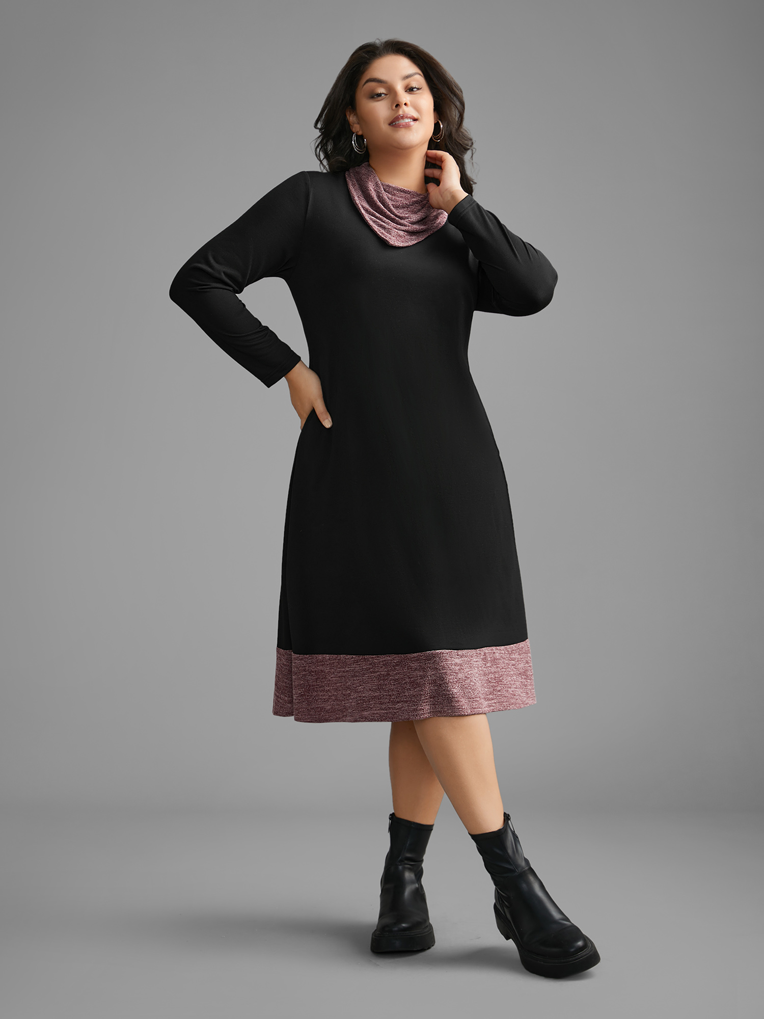 

Plus Size Heather Patchwork Turtleneck Midi Dress Black Women Casual Contrast Ruffled collar Long Sleeve Curvy BloomChic