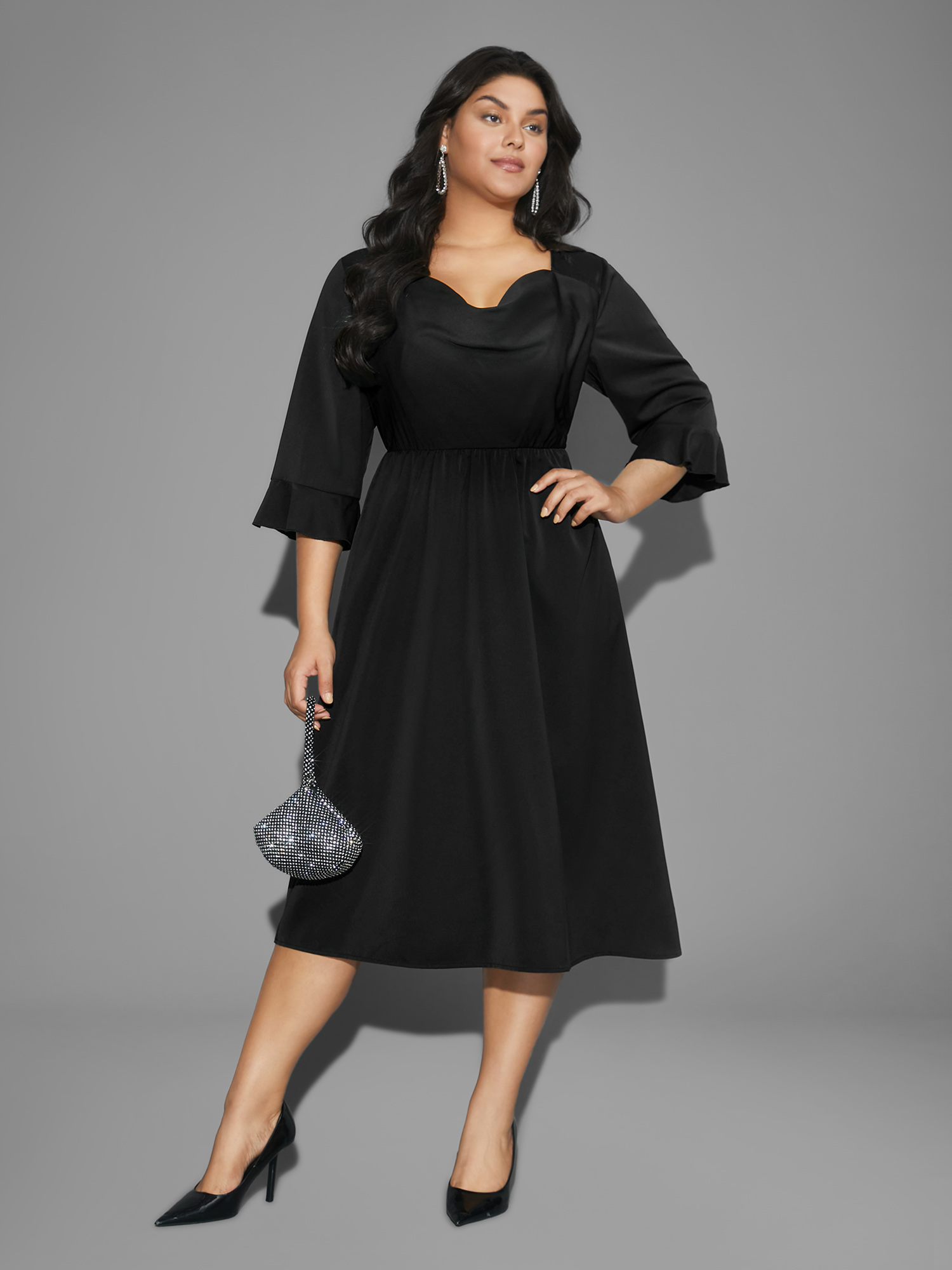 

Plus Size Cowl Neck Ruffle Sleeve Midi Dress Black Women Cocktail Ruffles Party Curvy Bloomchic