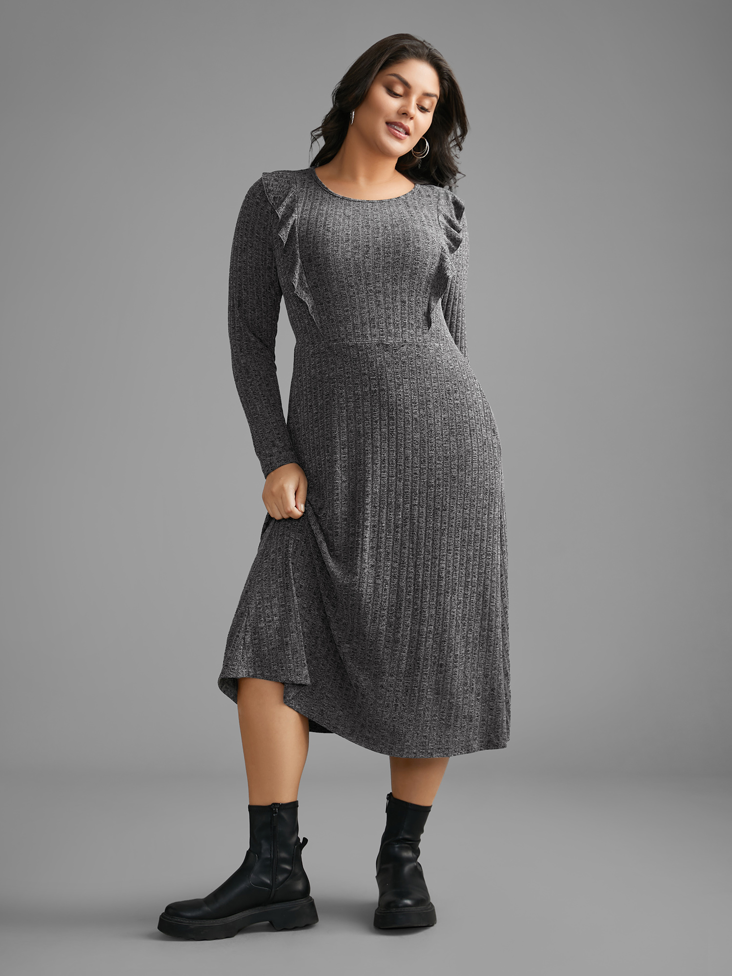 

Plus Size Crew Neck Ruffle Trim Knit Dress DarkGray Women Casual Texture Knit Dresses Bloomchic