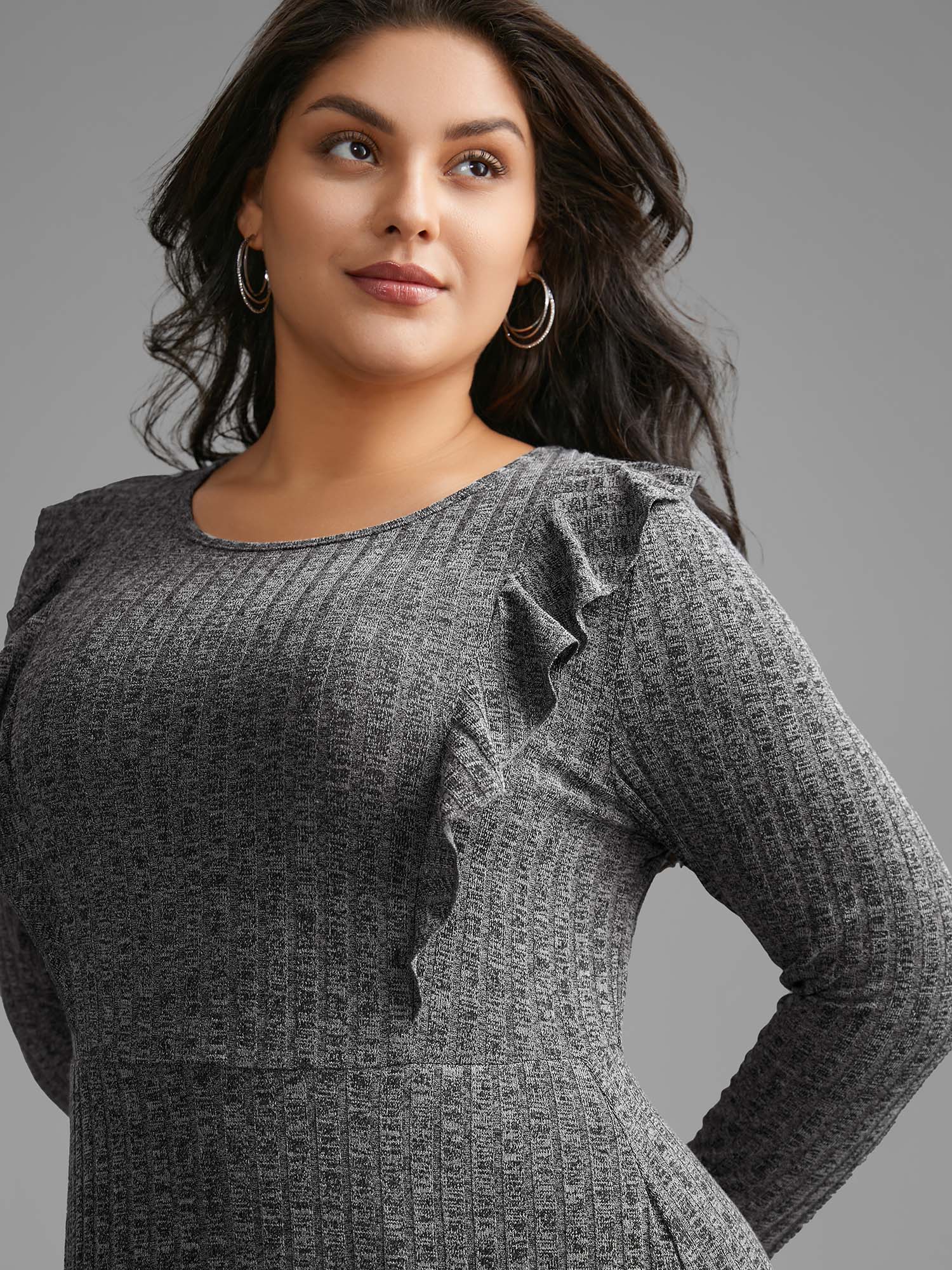 

Plus Size Crew Neck Ruffle Trim Knit Dress DarkGray Women Casual Texture Knit Dresses Bloomchic