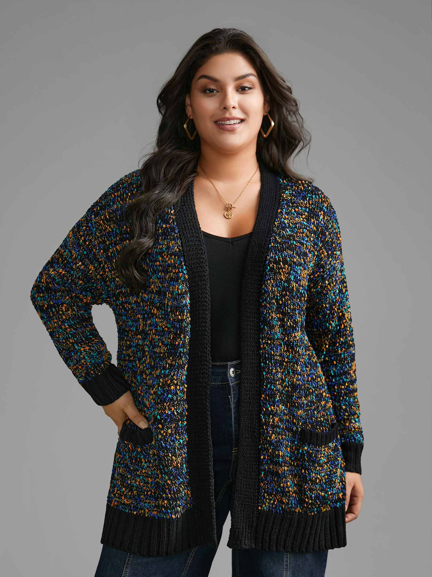 

Plus Size Twinkling Lights Contrast Hem Pockets Cardigan Black Women Casual Loose Long Sleeve Everyday Cardigans BloomChic