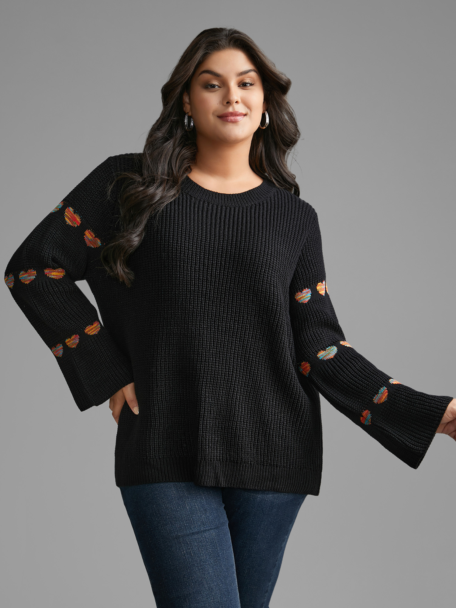 

Plus Size Heart Jacquard Gathered Bell Sleeve Pullover Black Women Casual Loose Long Sleeve Round Neck Everyday Pullovers BloomChic