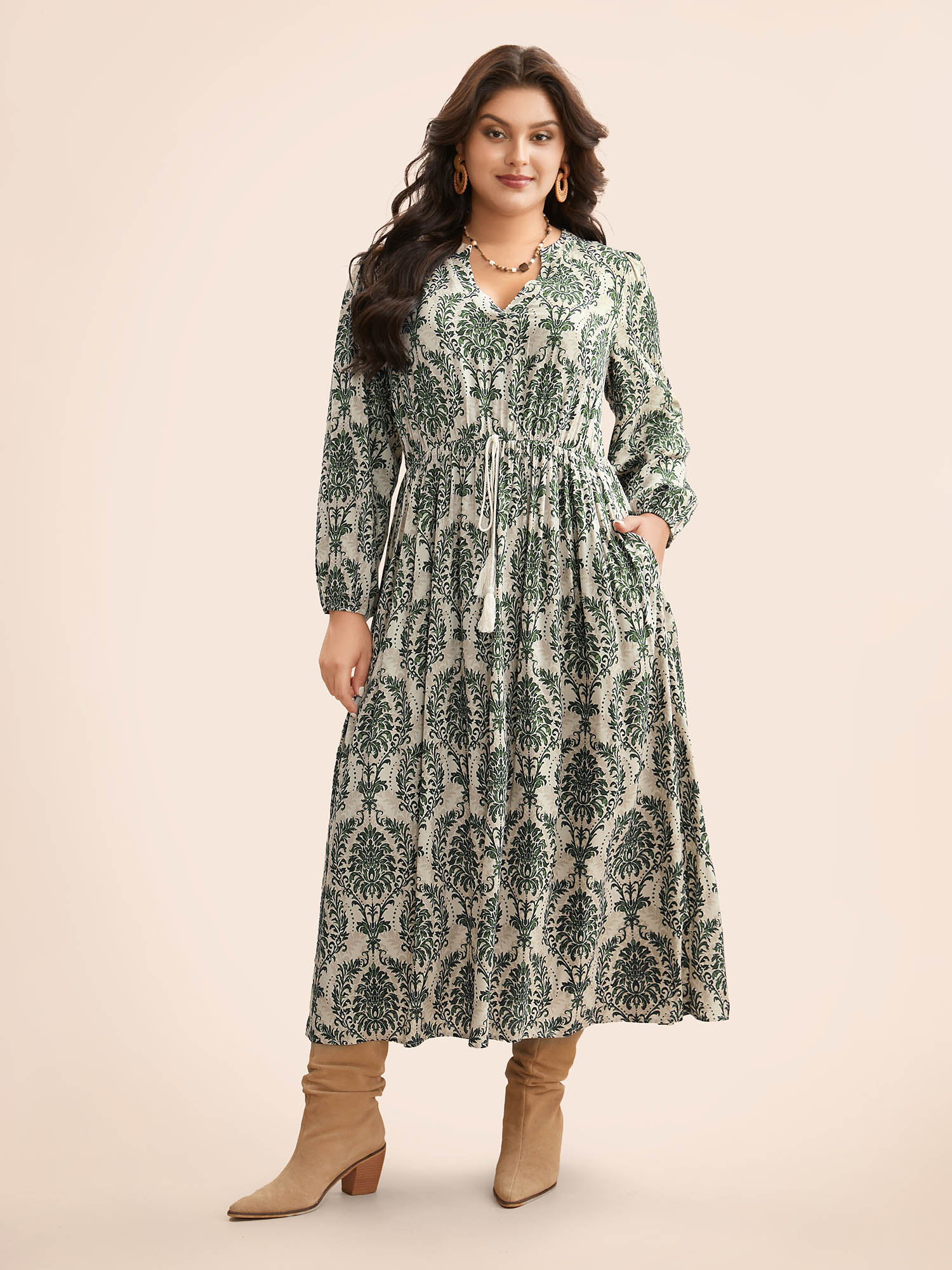 

Plus Size Boho Print Notched Tie Knot Maxi Dress Greenbean Women Resort Tie knot Flat collar with V-notch Long Sleeve Curvy BloomChic