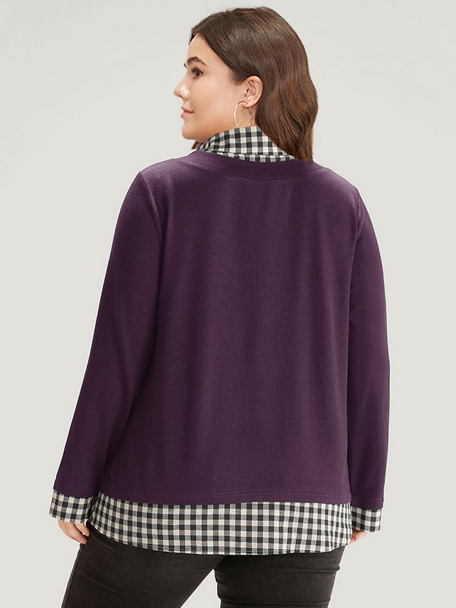 Plus Size Gingham Patchwork Shirt Collar Arc Hem Sweatshirt Women Purple Casual Patchwork V-neck Everyday Sweatshirts BloomChic 18-20/2X 