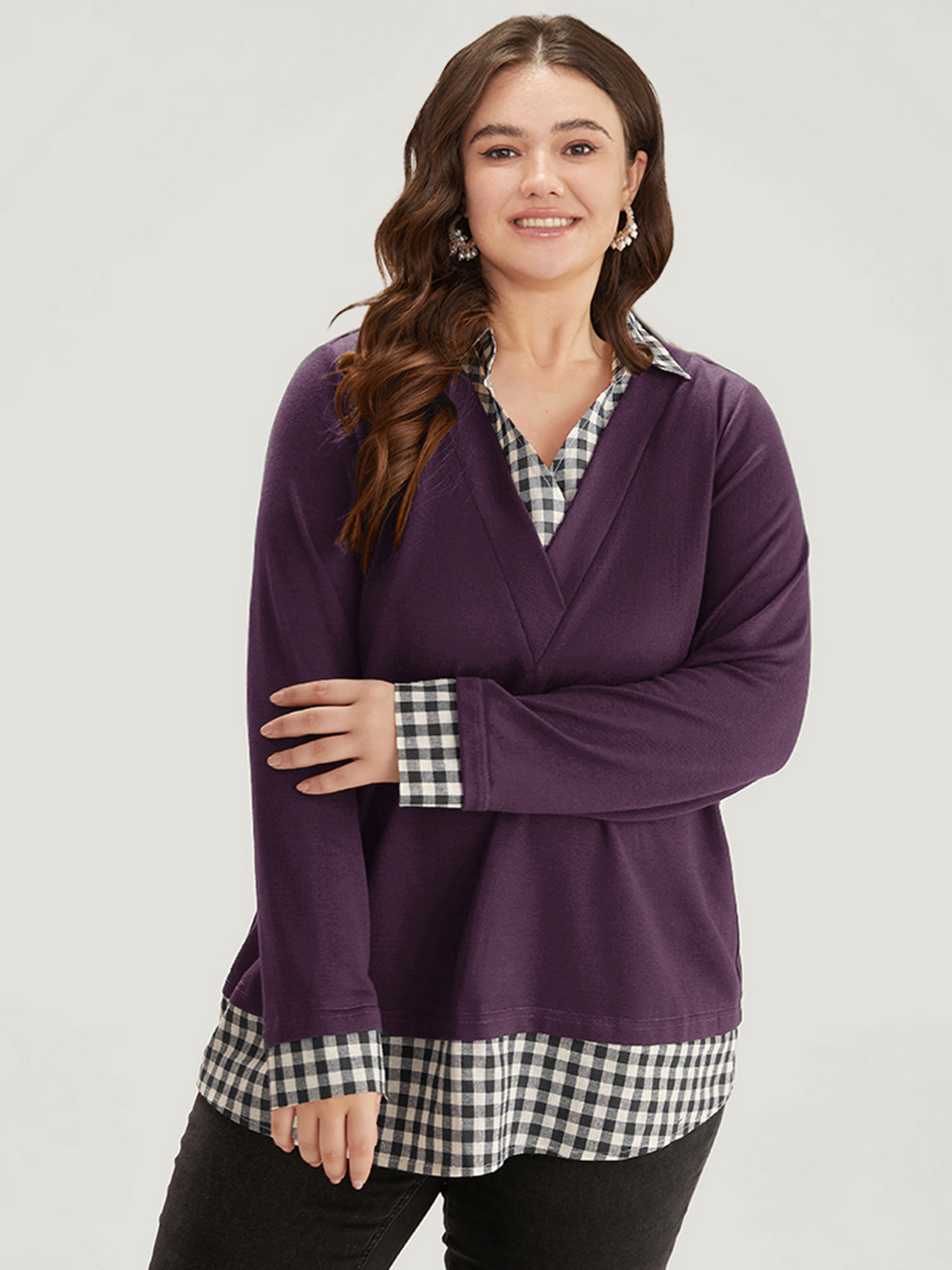 Plus Size Gingham Patchwork Shirt Collar Arc Hem Sweatshirt Women Purple Casual Patchwork V-neck Everyday Sweatshirts BloomChic 18-20/2X 