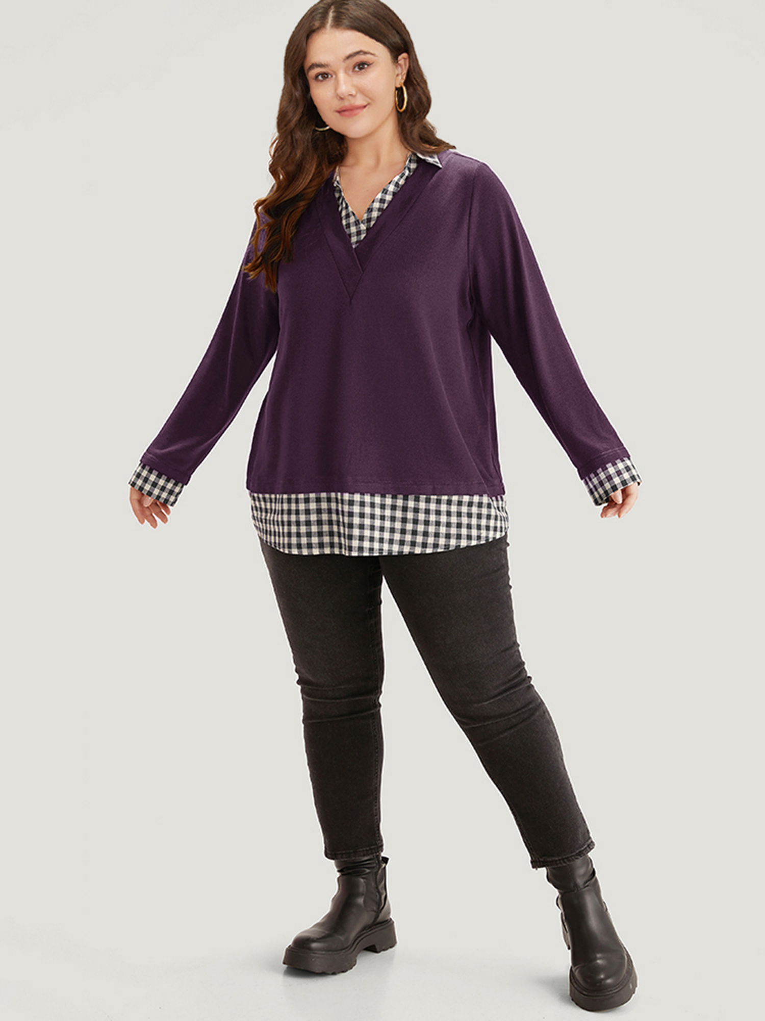 

Plus Size Gingham Patchwork Shirt Collar Arc Hem Sweatshirt Women Purple Casual Patchwork V-neck Everyday Sweatshirts BloomChic